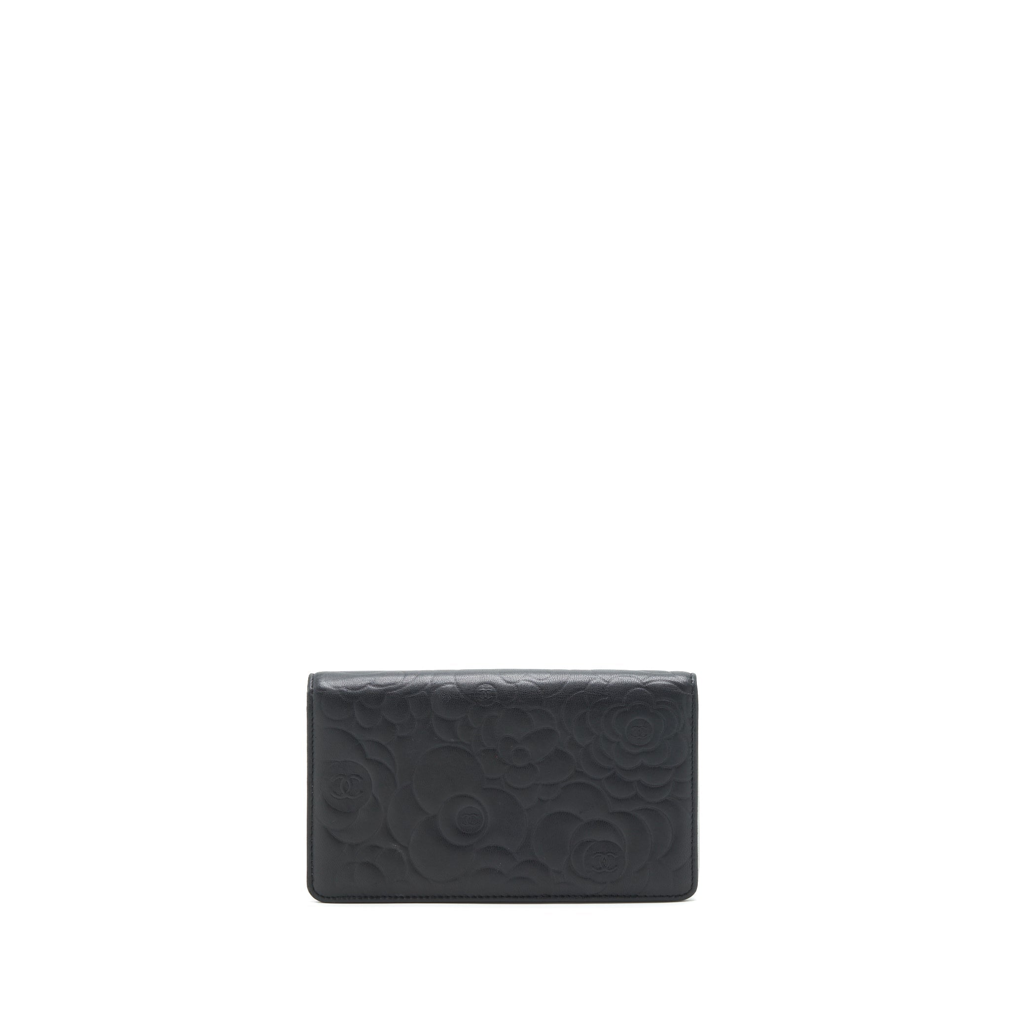 CHANEL CAMELLIA FOLD LONG WALLET LAMBSKIN BLACK / SILVER SHW