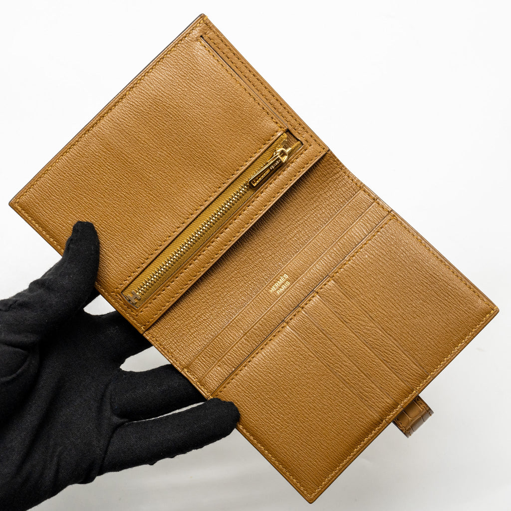 HERMES BEARN COMPACT WALLET MAT ALLIGATOR MISSISSIPPIENSIS KRAFT GHW