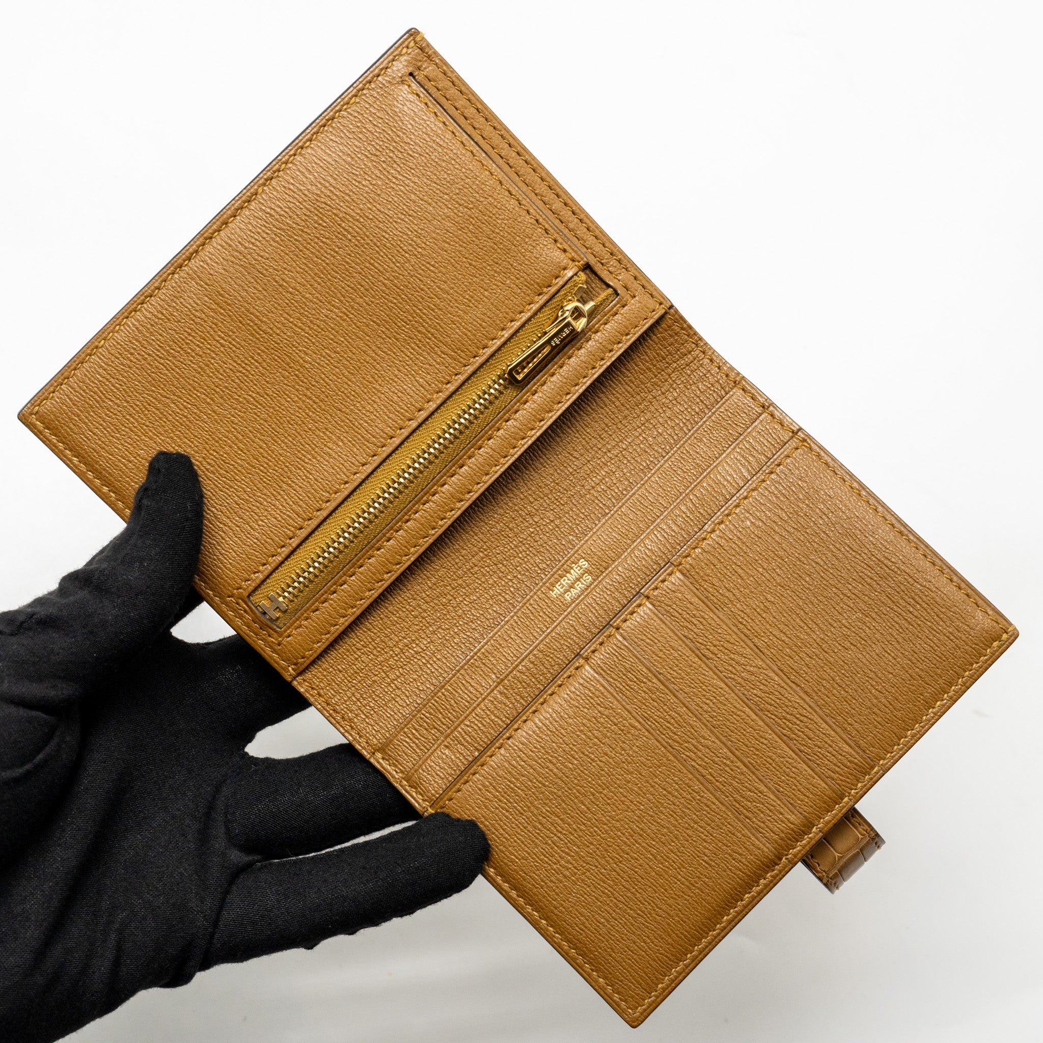 HERMES BEARN COMPACT WALLET MAT ALLIGATOR MISSISSIPPIENSIS KRAFT GHW