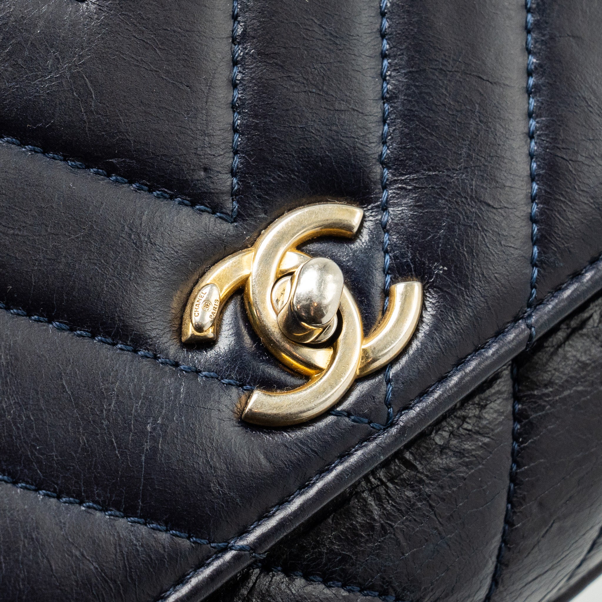 CHANEL SMALL COCO HANDLE CHEVRON CALFSKIN DARK BLUE GHW