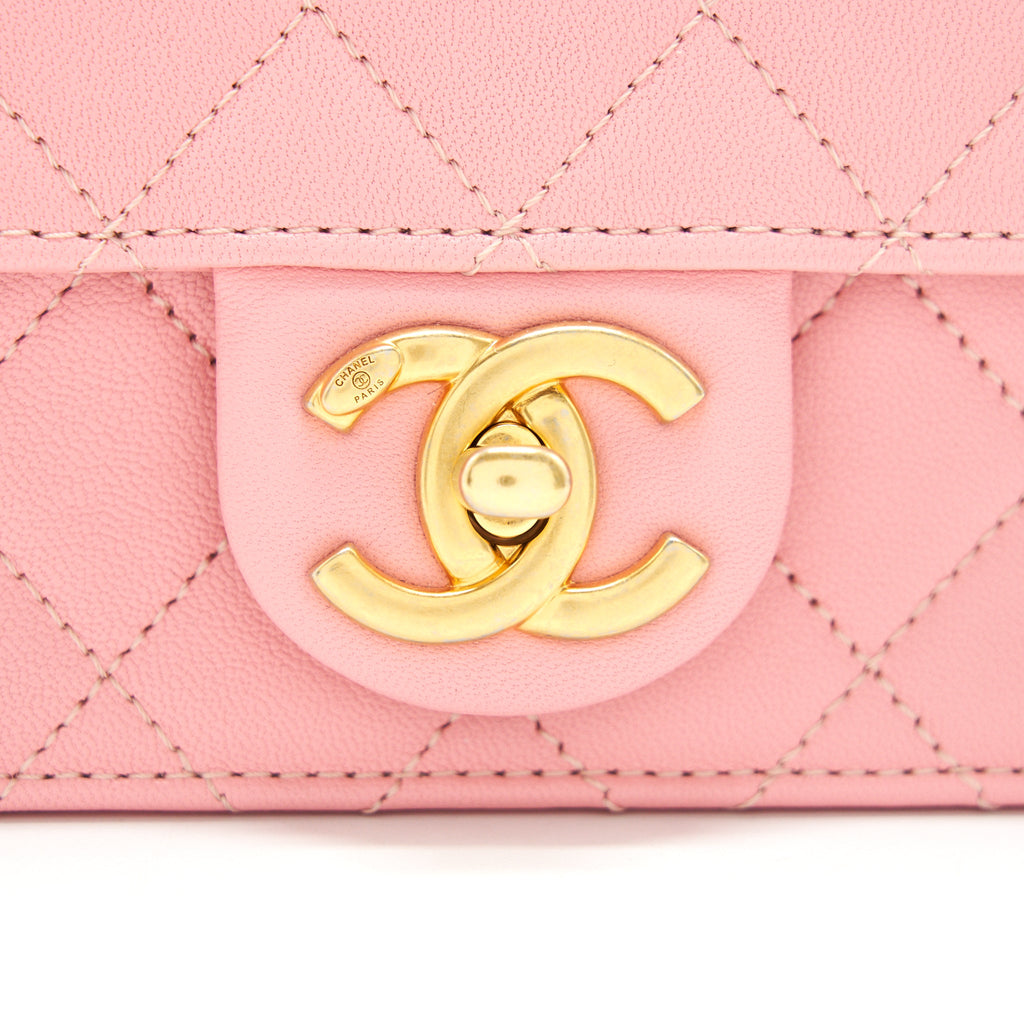 CHANEL QUILTED PEARL CHAIN GOAT SKIN FLAP BAG PINK GHW