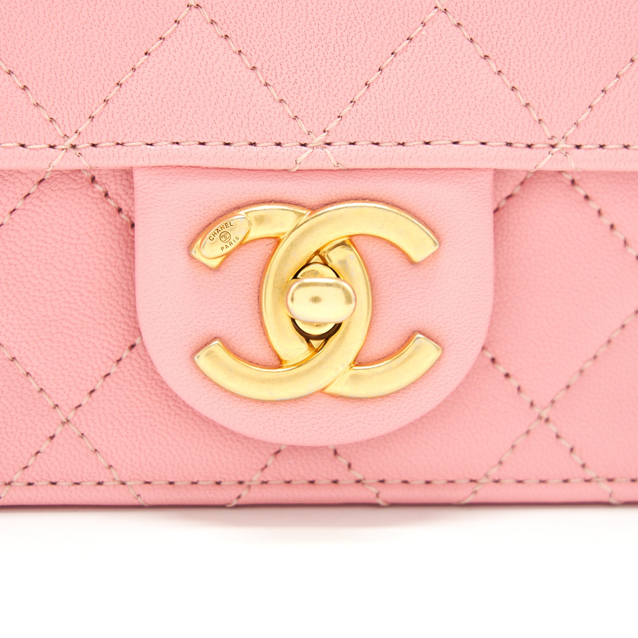 CHANEL QUILTED PEARL CHAIN GOAT SKIN FLAP BAG PINK GHW