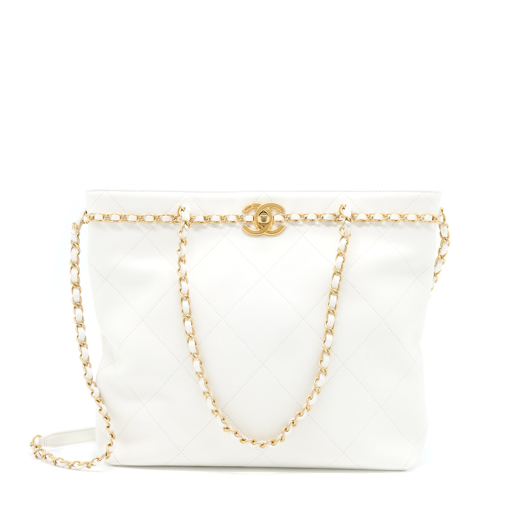 CHANEL TOTE BAG QUILTED CALFSKIN WHITE BRUSHED GHW