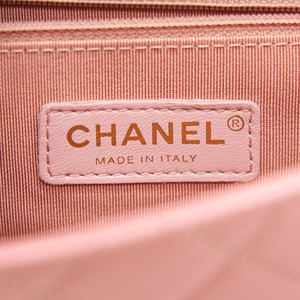 CHANEL QUILTED PEARL CHAIN GOAT SKIN FLAP BAG PINK GHW