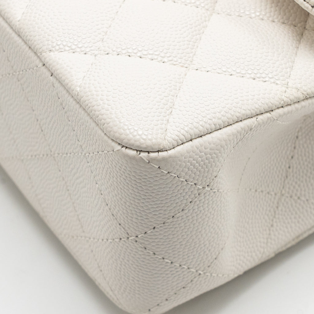 CHANEL SMALL CLASSIC DOUBLE FLAP BAG CAVIAR WHITE LGHW (MICROCHIP)