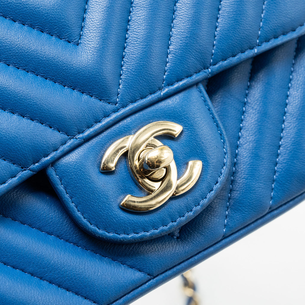 CHANEL MINI SQUARE CHEVRON LAMBSKIN BLUE LGHW