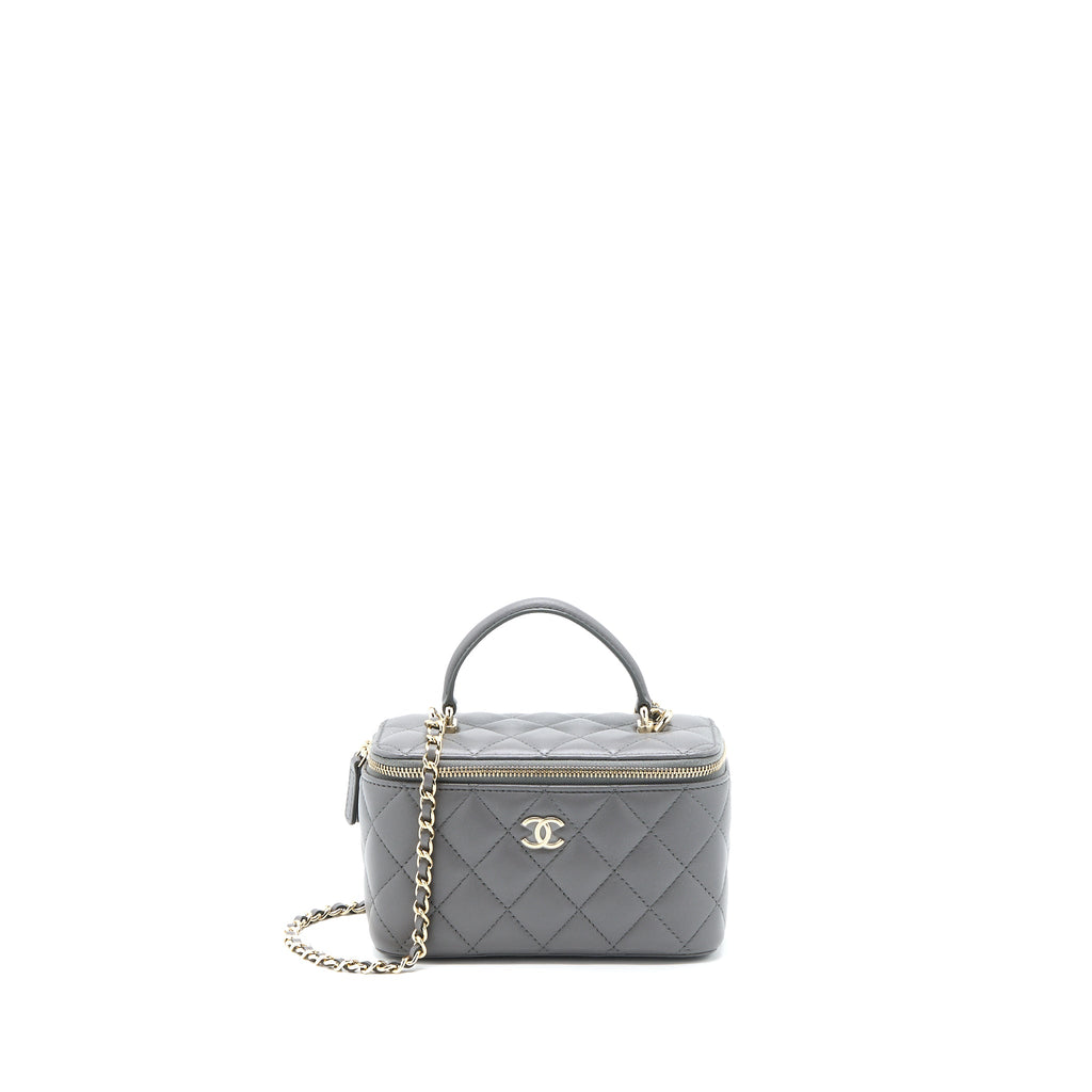 CHANEL TOP HANDLE LONG VANITY WITH CHAIN LAMBSKIN GREY LGHW (MICROCHIP)