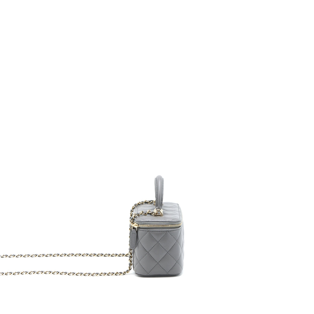 CHANEL TOP HANDLE LONG VANITY WITH CHAIN LAMBSKIN GREY LGHW (MICROCHIP)