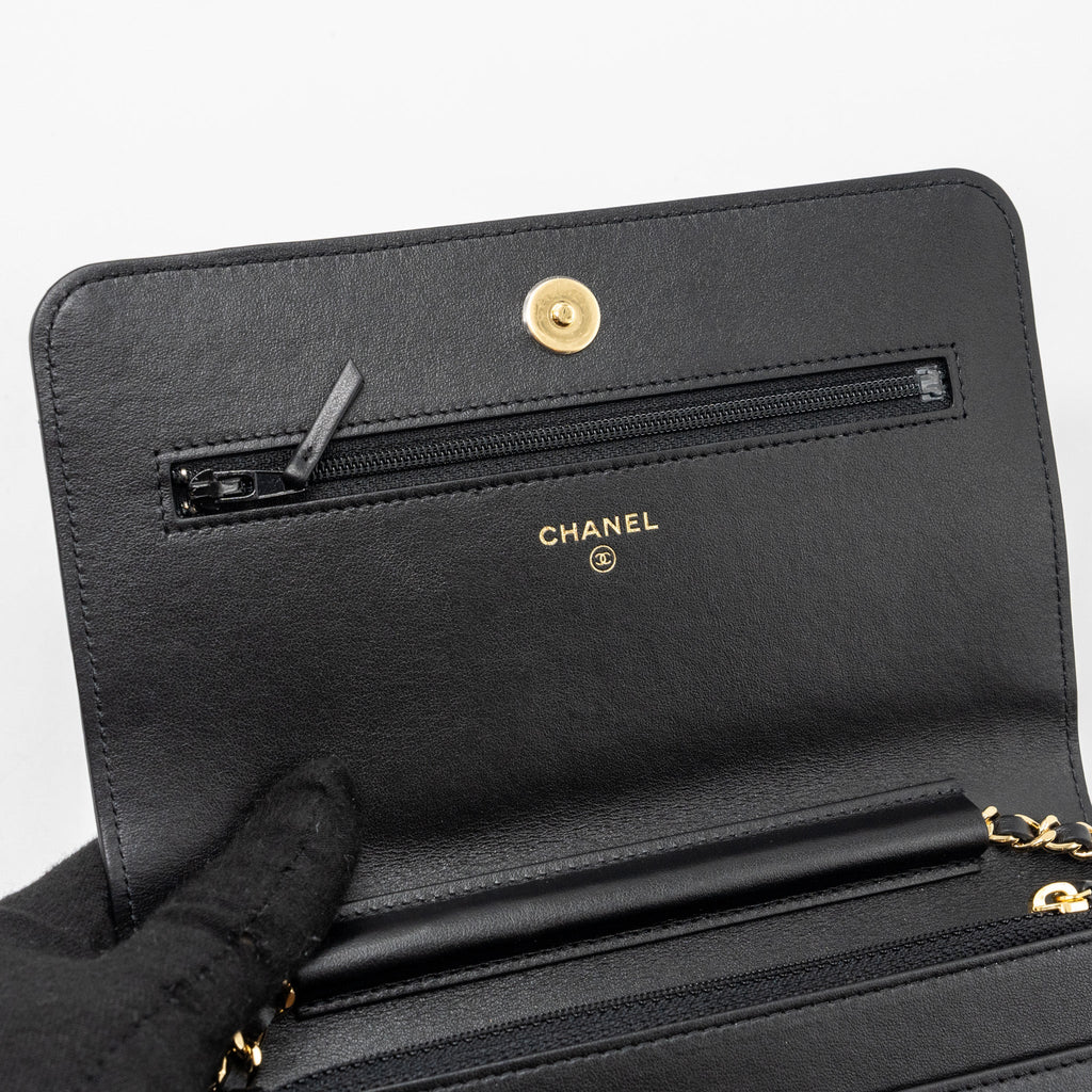 CHANEL QUILTED WALLET ON CHAIN SHINY CALFSKIN BLACK GHW (MICROCHIP)