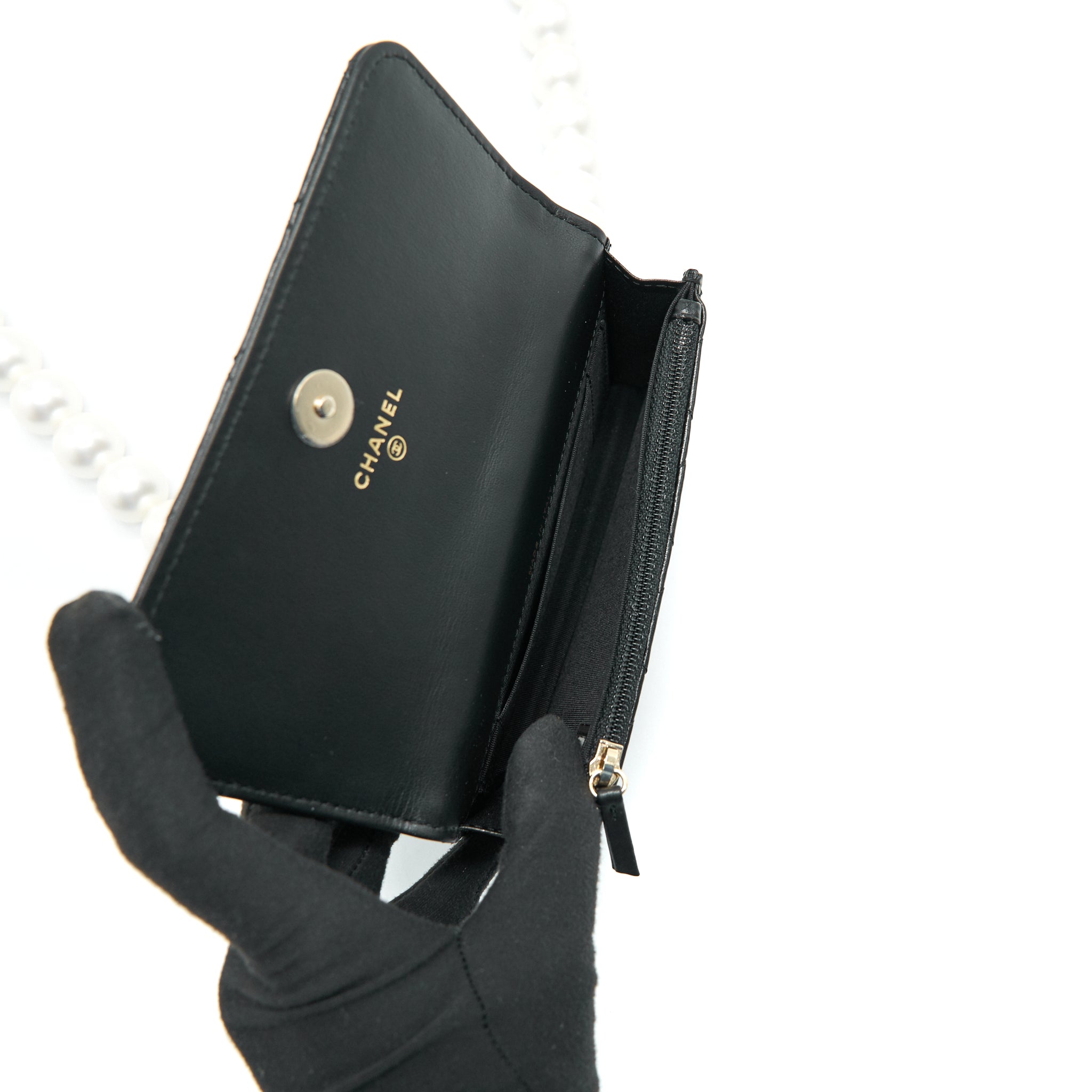 CHANEL GIANT PEARL CLUTCH WITH CHAIN CALFSKIN BLACK LGHW
