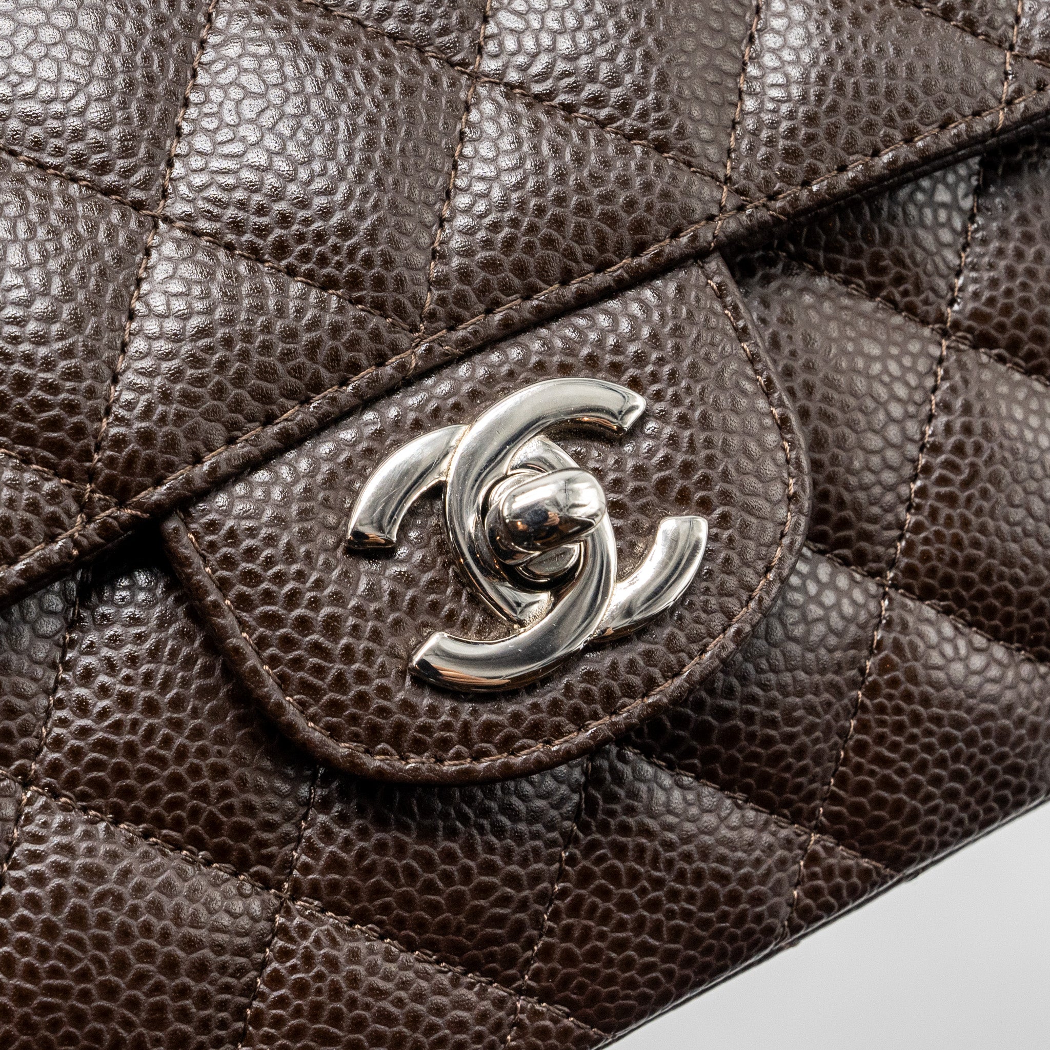 CHANEL EAST WEST CLASSIC QUILTED FLAP BAG CAVIAR CHOCOLATE SHW