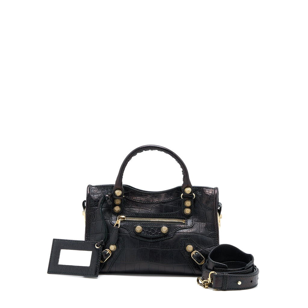 BALENCIAGA MINI CITY CROC-EMBOSSED CALFSKIN BLACK GHW