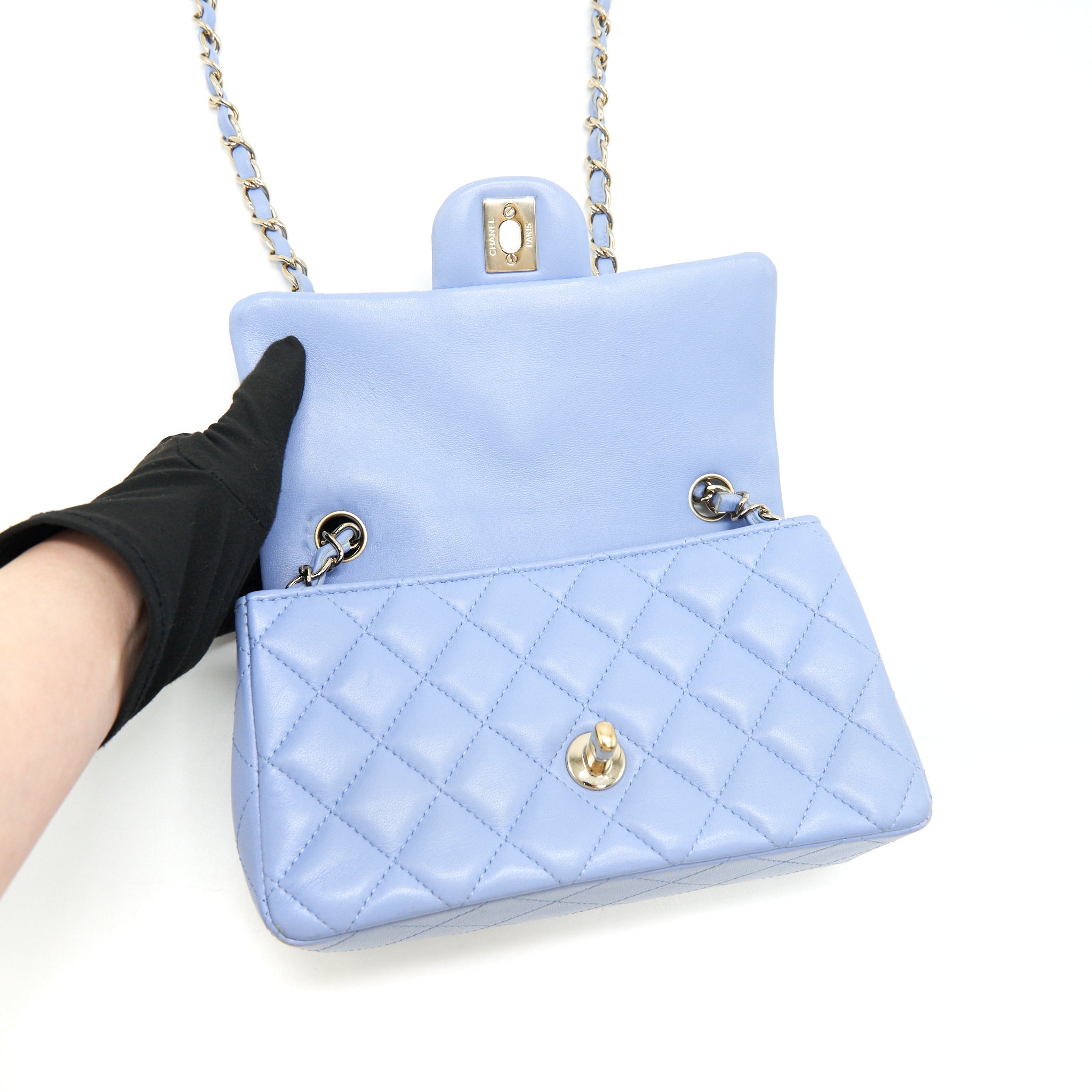 CHANEL LAMBSKIN RECTANGULAR MINI FLAP BAG IN ICE BLUE GHW