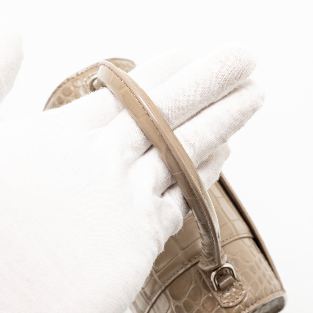 BALENCIAGA SMALL HOURGLASS BAG CROC-EMBOSSED CALFSKIN DARK BEIGE SHW