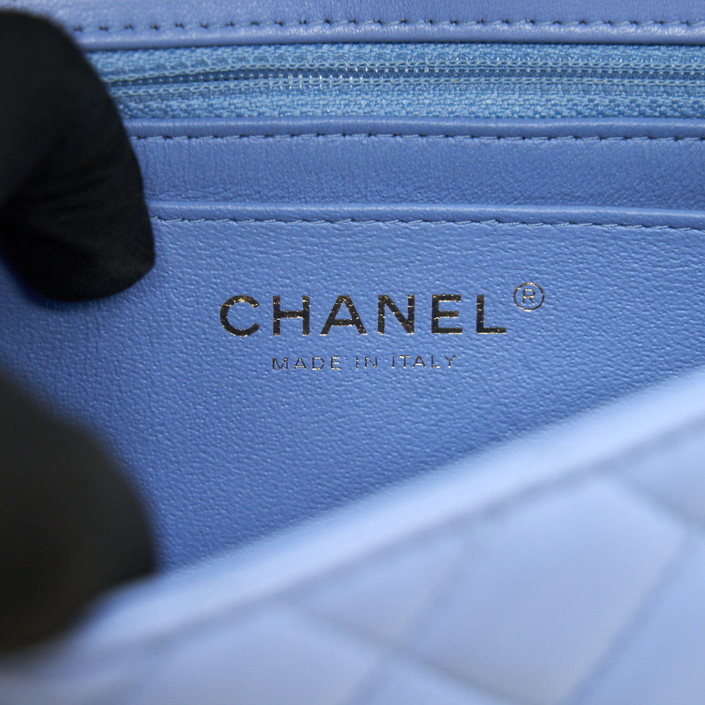 CHANEL LAMBSKIN RECTANGULAR MINI FLAP BAG IN ICE BLUE GHW