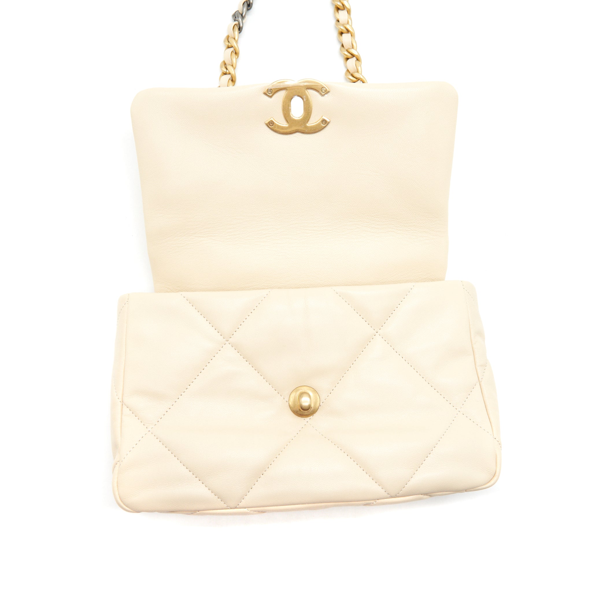 CHANEL SMALL 19 BAG 19K SHINY GOATSKIN BEIGE GHW
