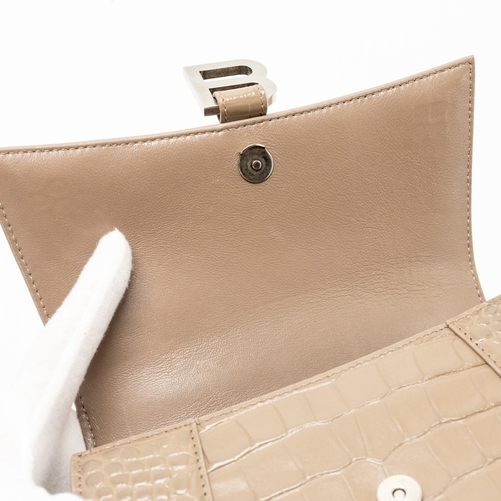 BALENCIAGA SMALL HOURGLASS BAG CROC-EMBOSSED CALFSKIN DARK BEIGE SHW