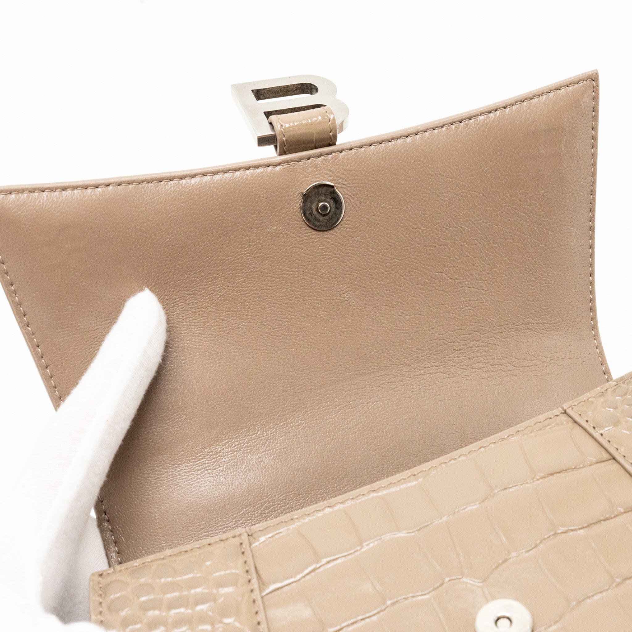 BALENCIAGA SMALL HOURGLASS BAG CROC-EMBOSSED CALFSKIN DARK BEIGE SHW