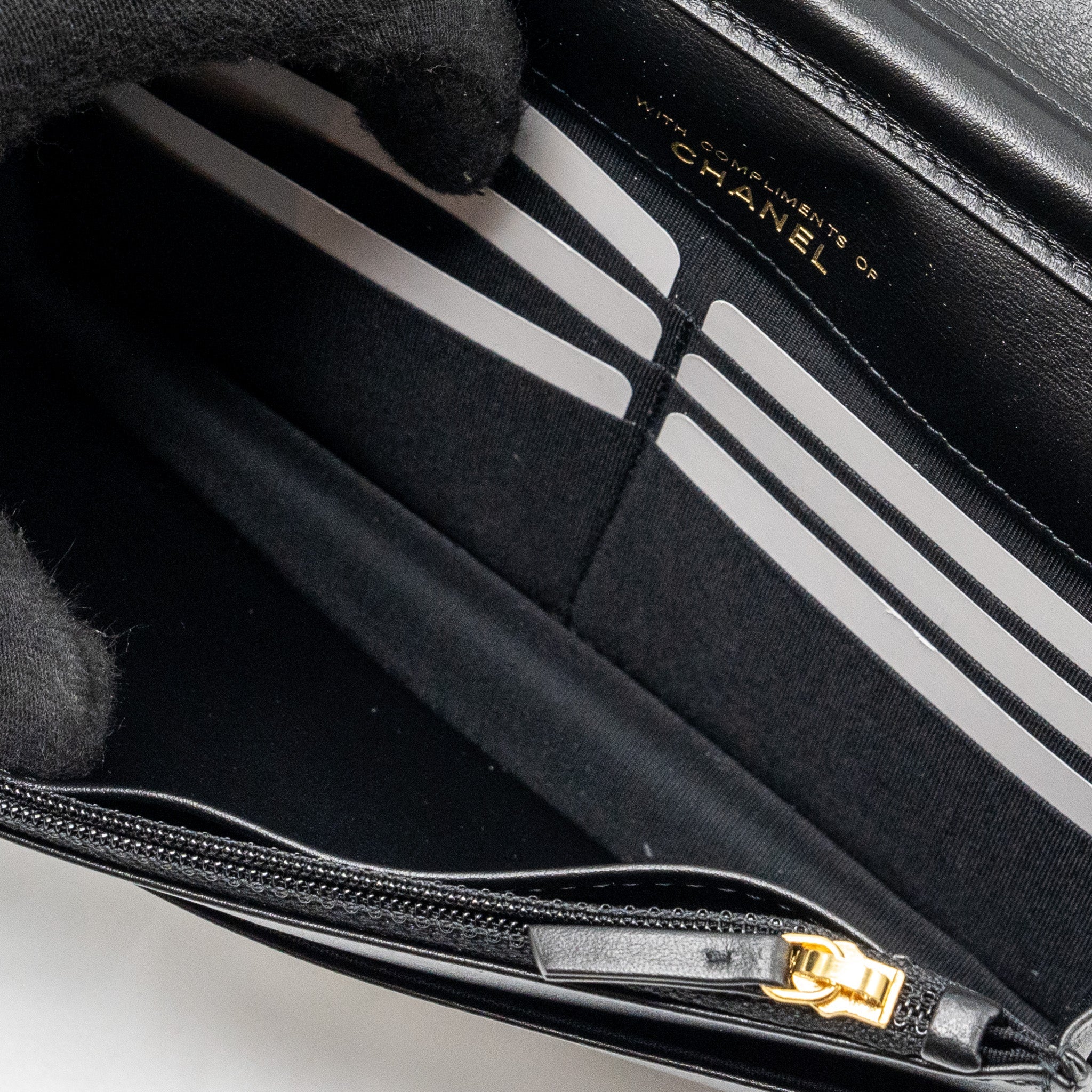CHANEL QUILTED WALLET ON CHAIN SHINY CALFSKIN BLACK GHW (MICROCHIP)
