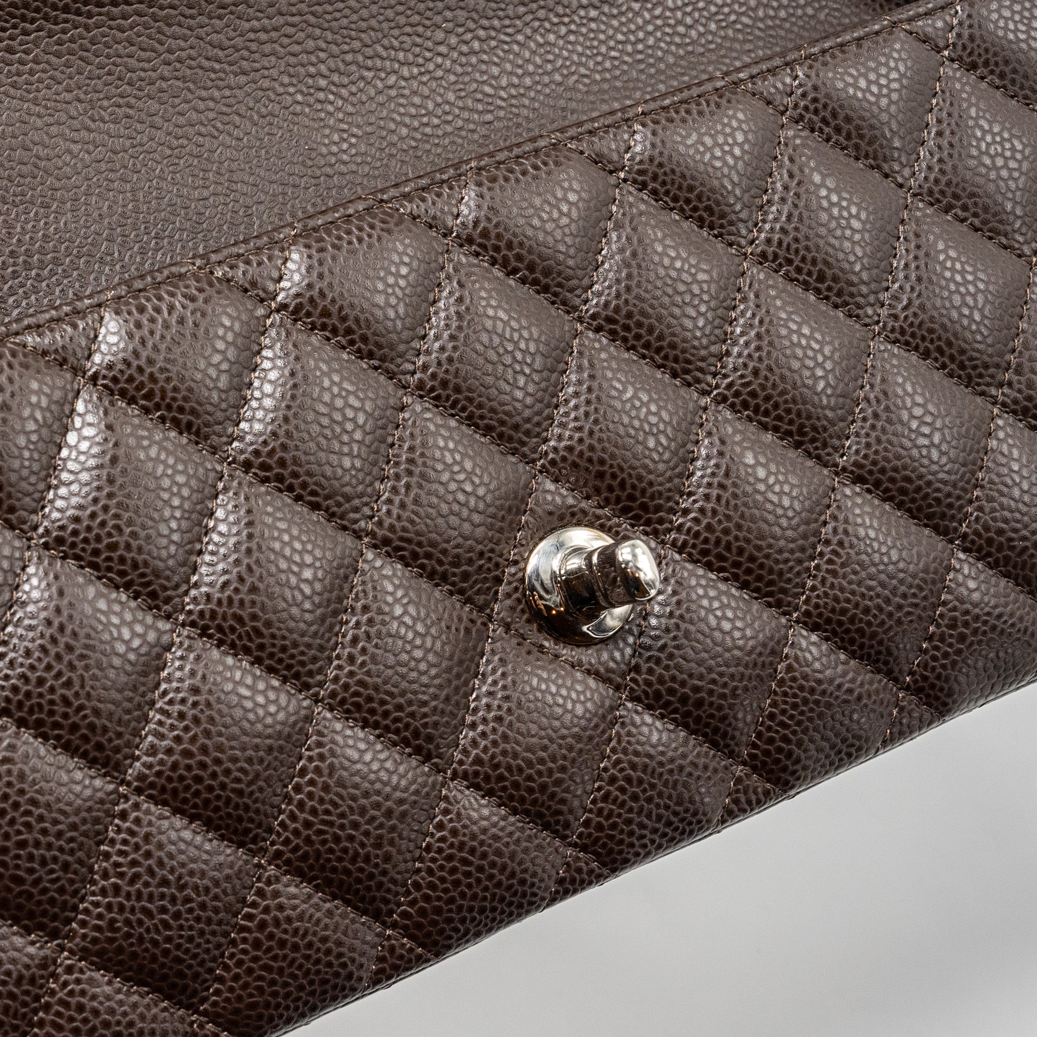 CHANEL EAST WEST CLASSIC QUILTED FLAP BAG CAVIAR CHOCOLATE SHW