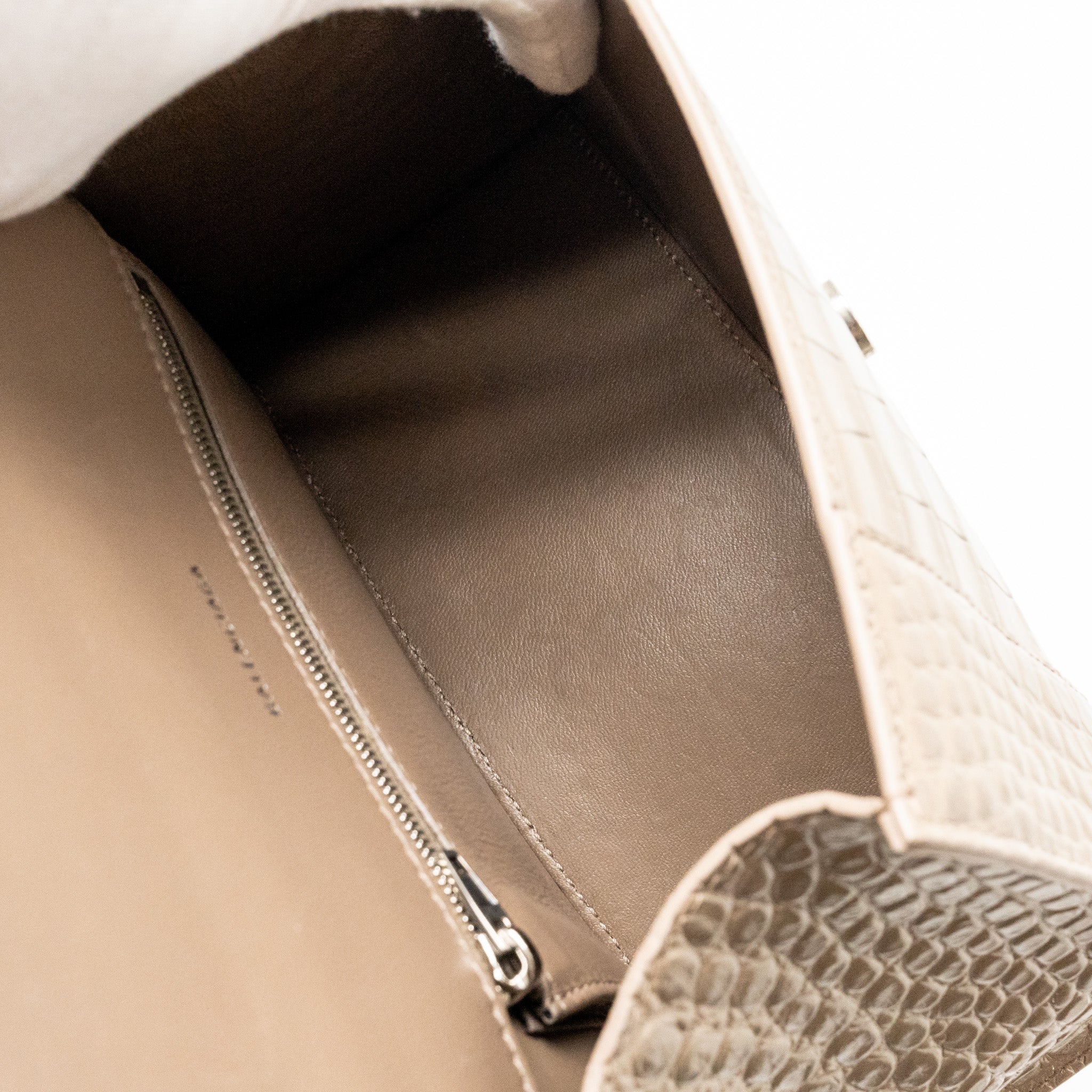 BALENCIAGA SMALL HOURGLASS BAG CROC-EMBOSSED CALFSKIN DARK BEIGE SHW