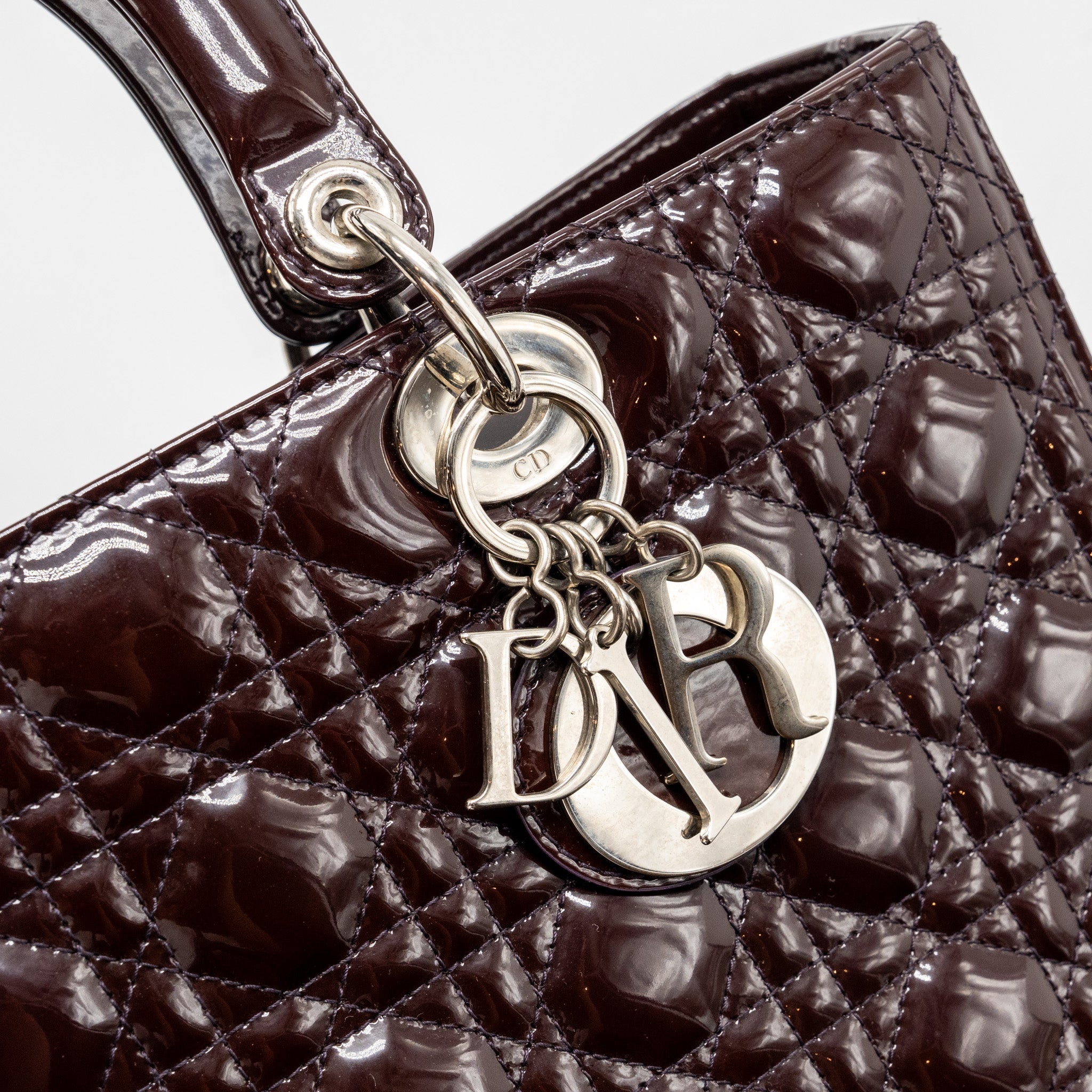 DIOR LARGE LADY DIOR PATENT BURGUNDY SHW