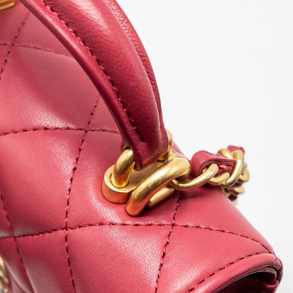 CHANEL TOP HANDLE MINI FLAP BAG WITH CHAIN LAMBSKIN DARK PINK GHW