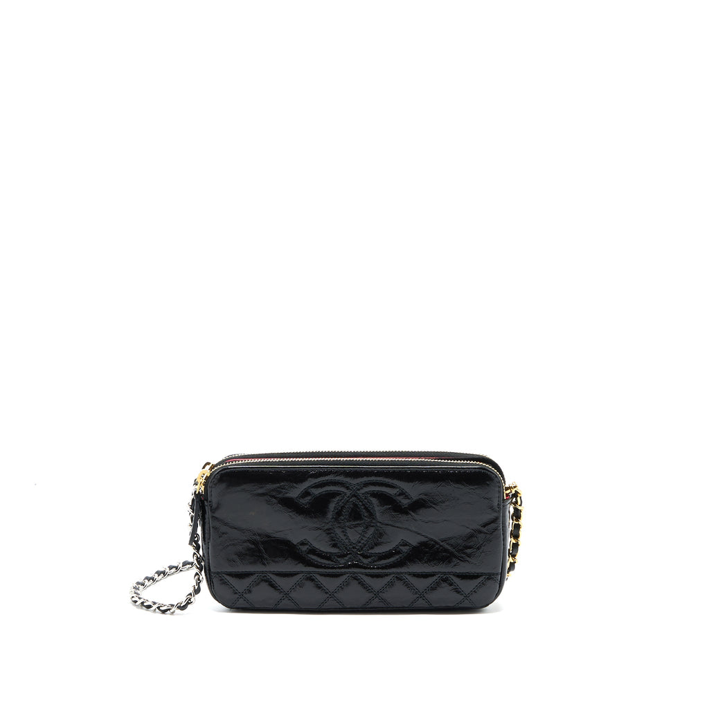 CHANEL DOUBLE ZIP WALLET ON CHAIN AGED CALFSKIN BLACK MULTICOLOUR HARDWARE