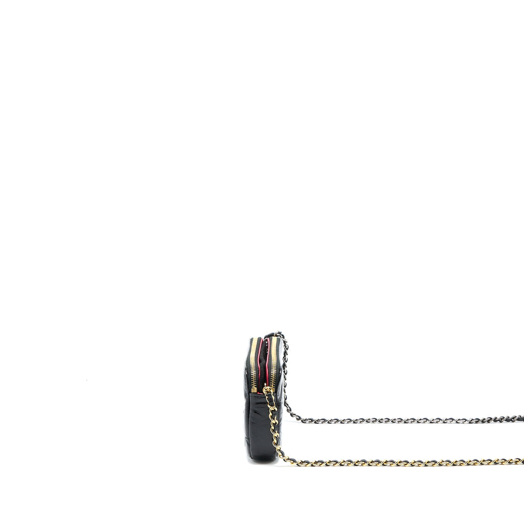 CHANEL DOUBLE ZIP WALLET ON CHAIN AGED CALFSKIN BLACK MULTICOLOUR HARDWARE