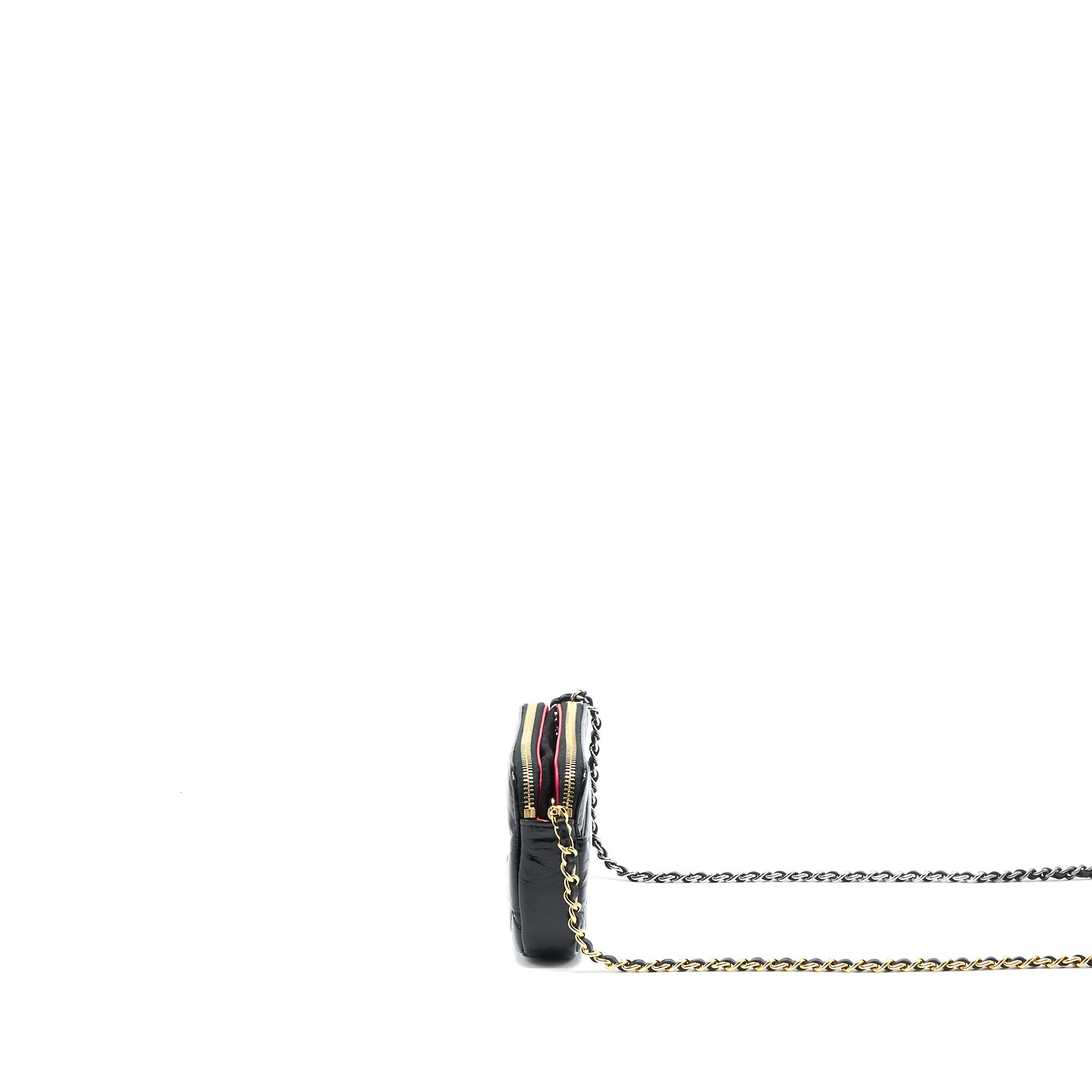 CHANEL DOUBLE ZIP WALLET ON CHAIN AGED CALFSKIN BLACK MULTICOLOUR HARDWARE