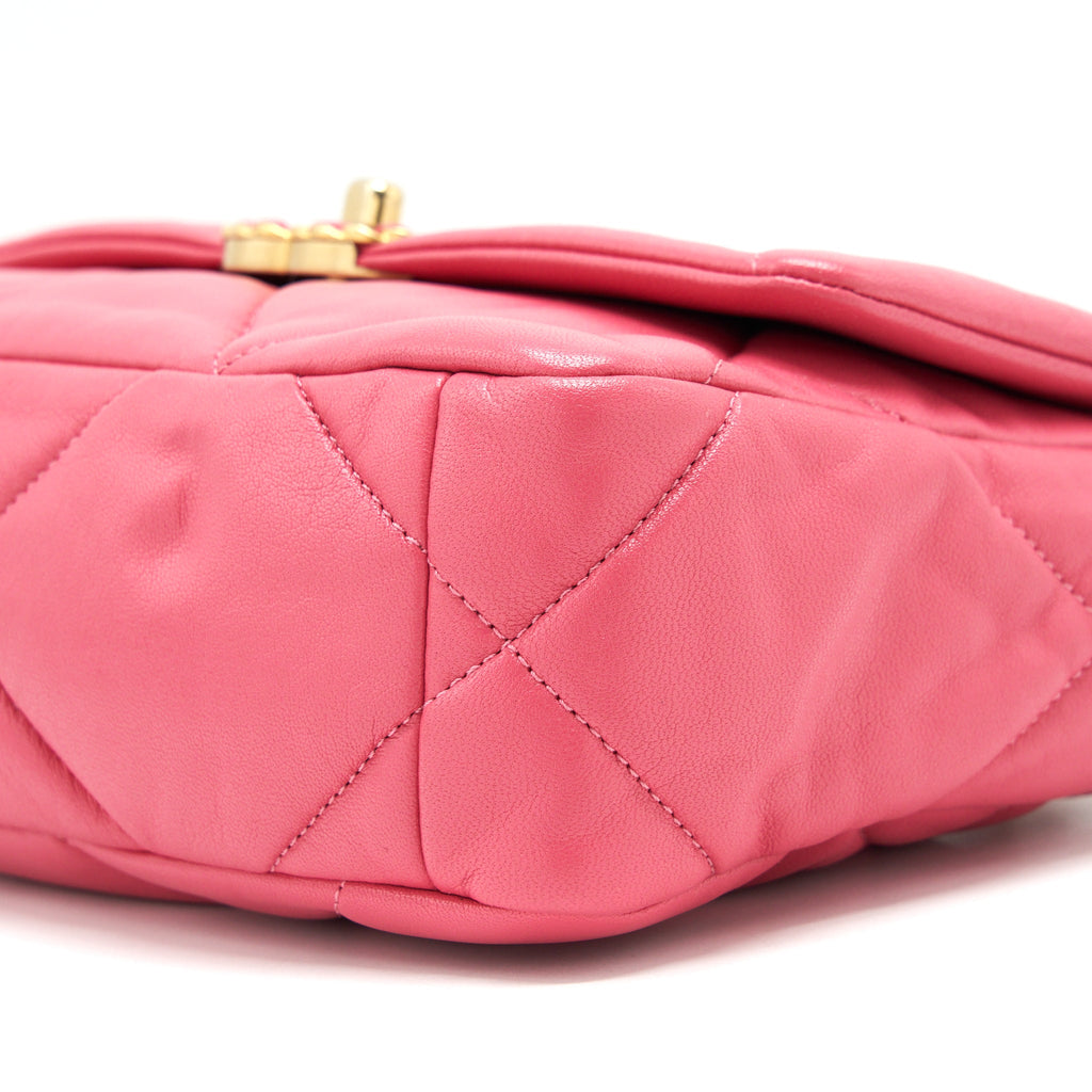 CHANEL SMALL 19 FLAP BAG GOATSKIN PINK WITH GOLD/SILVER HARDWARE