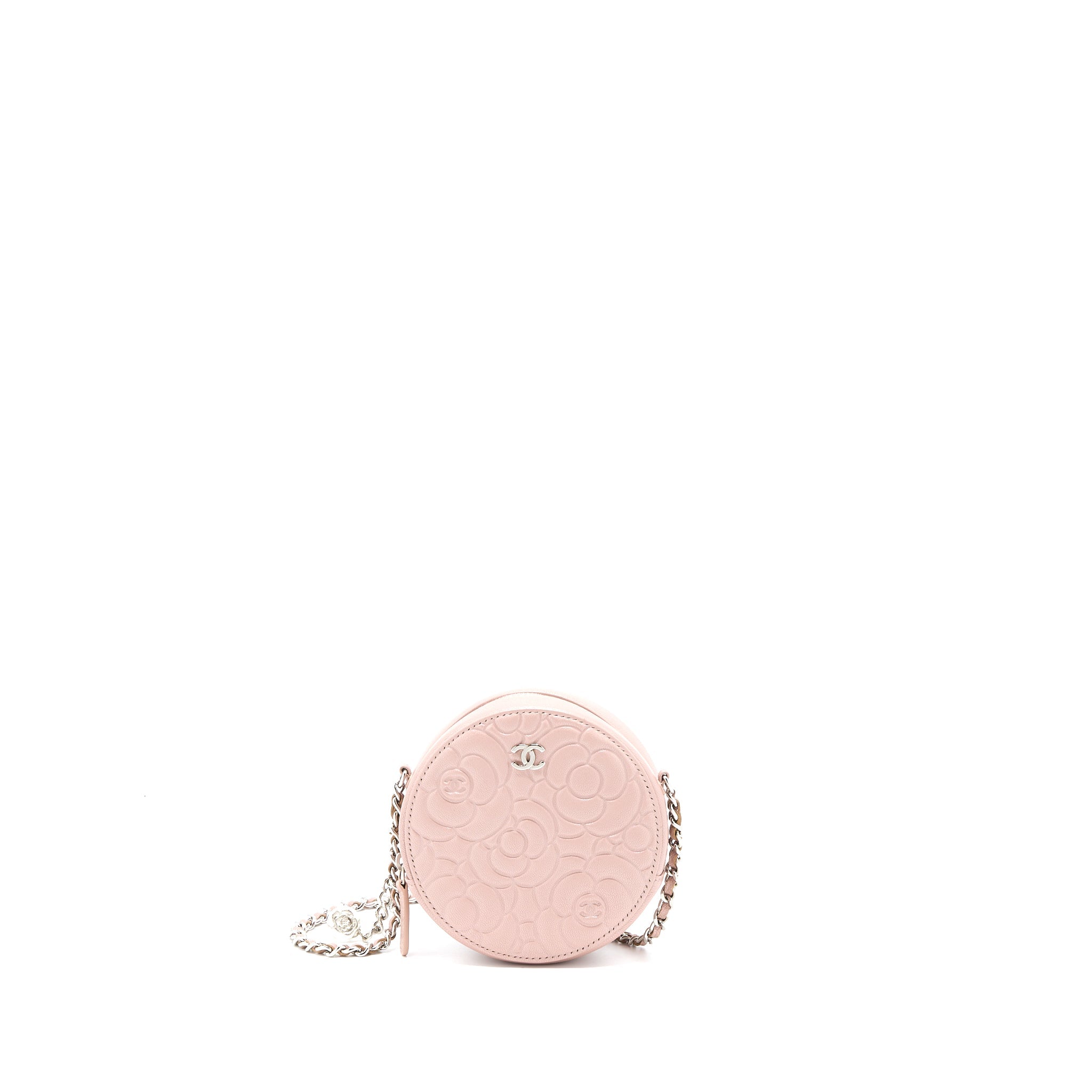CHANEL ROUND CLUTCH WITH CHAIN CAMELLIA CALFSKIN NUDE PINK SHW