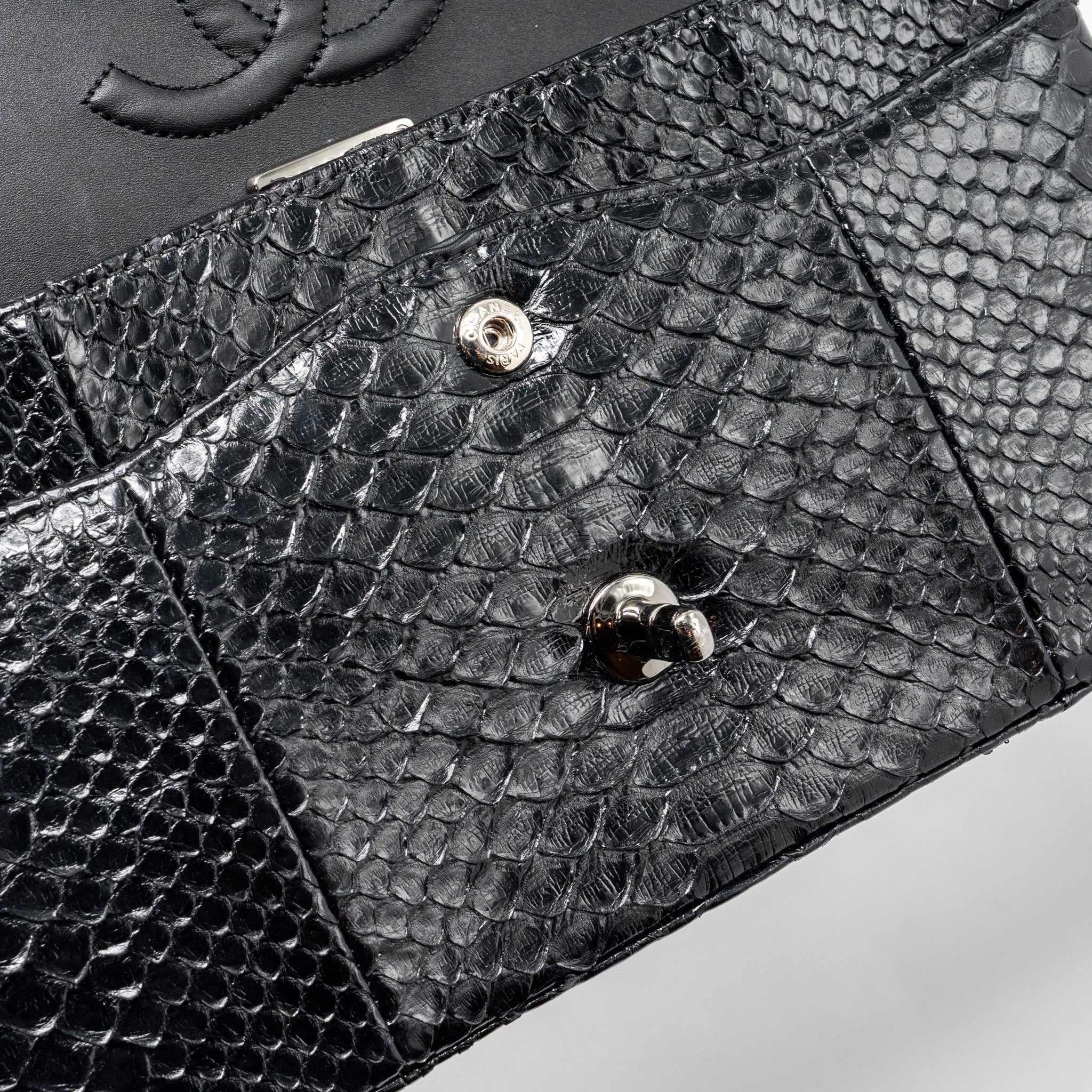 CHANEL MEDIUM CLASSIC DOUBLE FLAP BAG PYTHON BLACK SHW