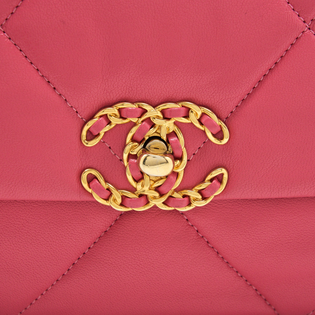 CHANEL SMALL 19 FLAP BAG GOATSKIN PINK WITH GOLD/SILVER HARDWARE
