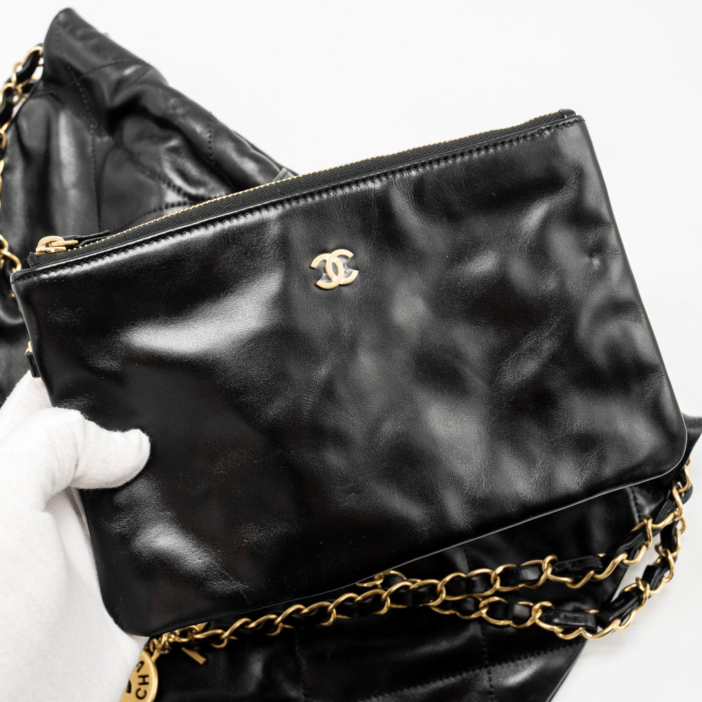 CHANEL SMALL 22 BAG SHINY CALFSKIN BLACK GHW (MICROCHIP)