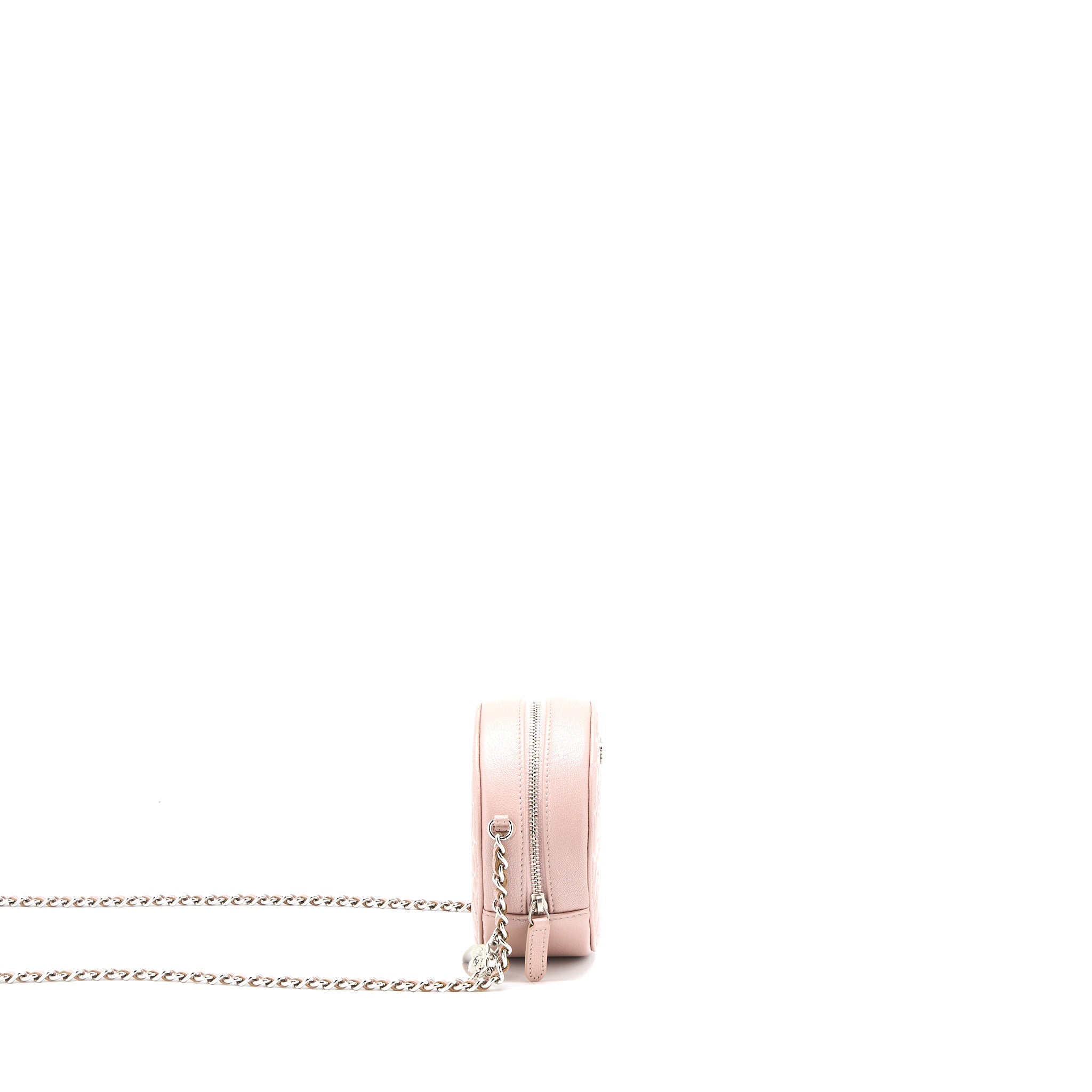 CHANEL ROUND CLUTCH WITH CHAIN CAMELLIA CALFSKIN NUDE PINK SHW
