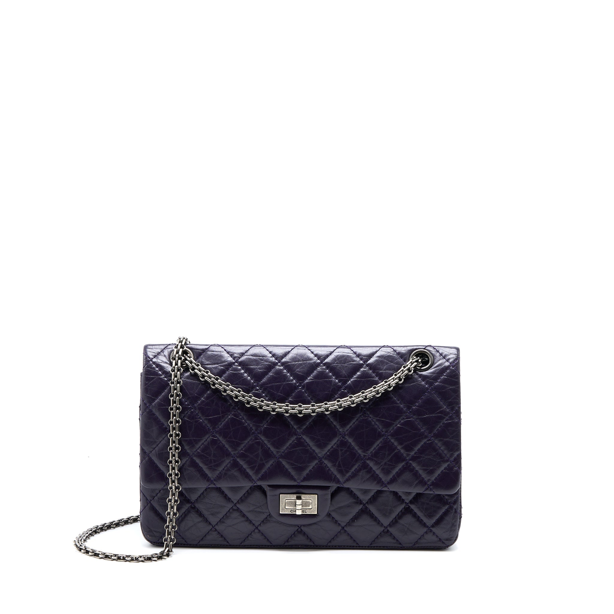 CHANEL LARGE 2.55 REISSUE FLAP BAG AGED CALFSKIN DARK PURPLE RUTHENIUM HARDWARE