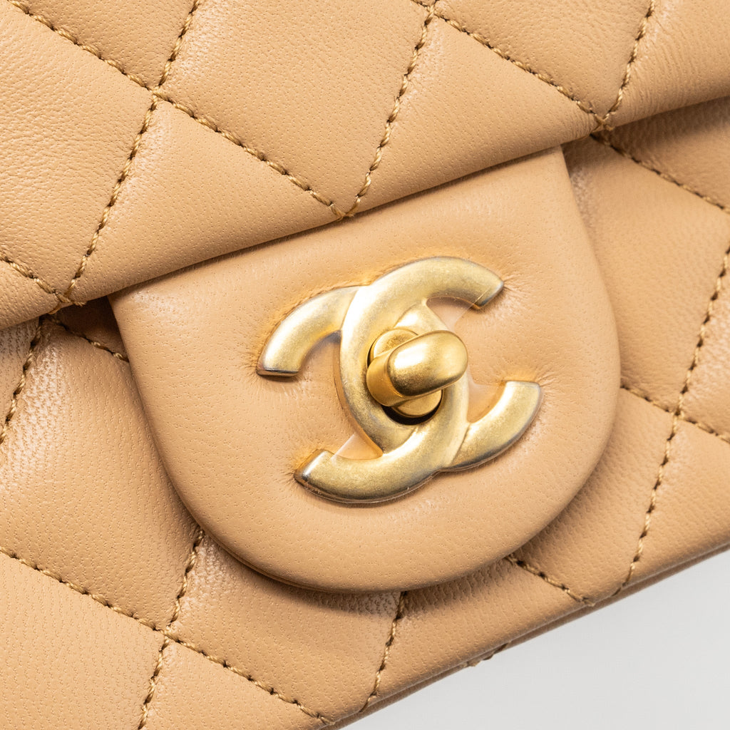 CHANEL 23K PEARL CRUSH MINI SQUARE FLAP BAG LAMBSKIN BEIGE GHW (MICROCHIP)