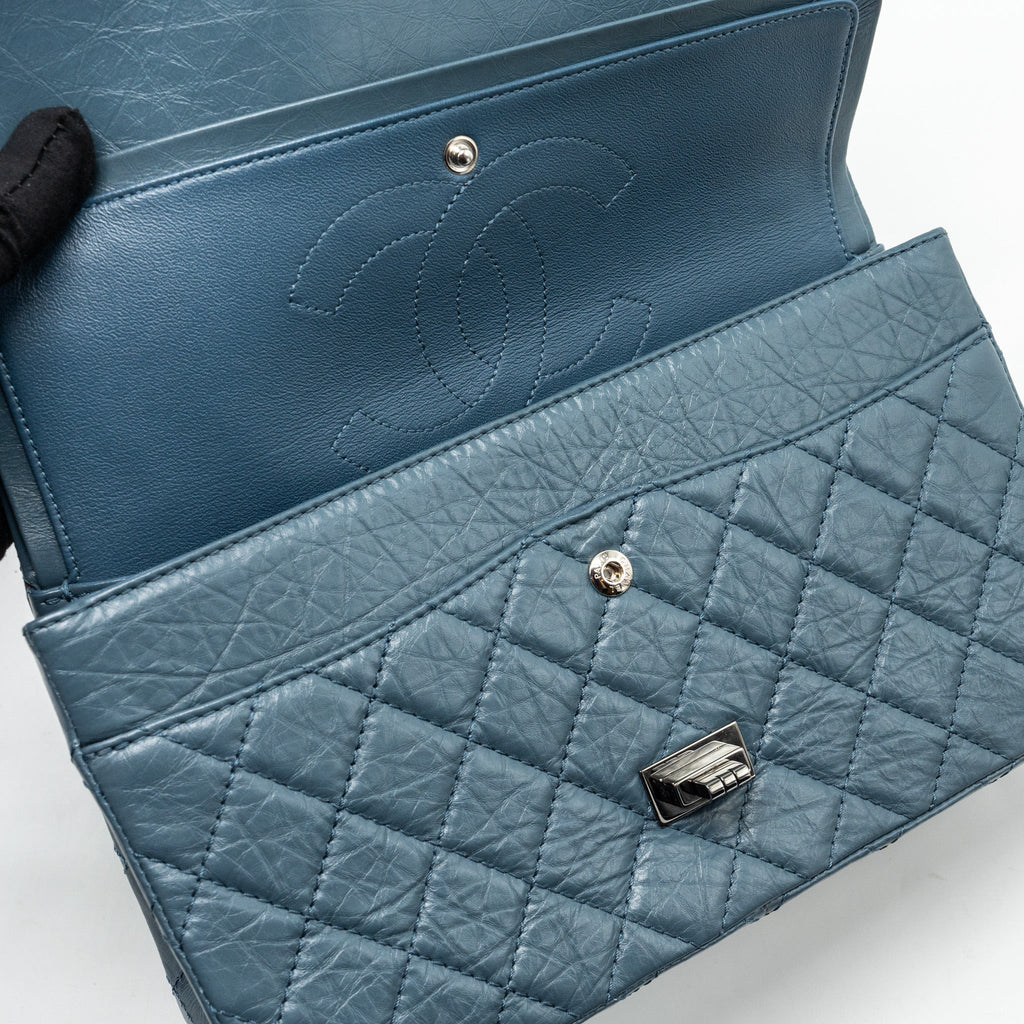 CHANEL LARGE 2.55 REISSUE FLAP BAG AGED CALFSKIN PETROL BLUE RUTHENIUM HARDWARE