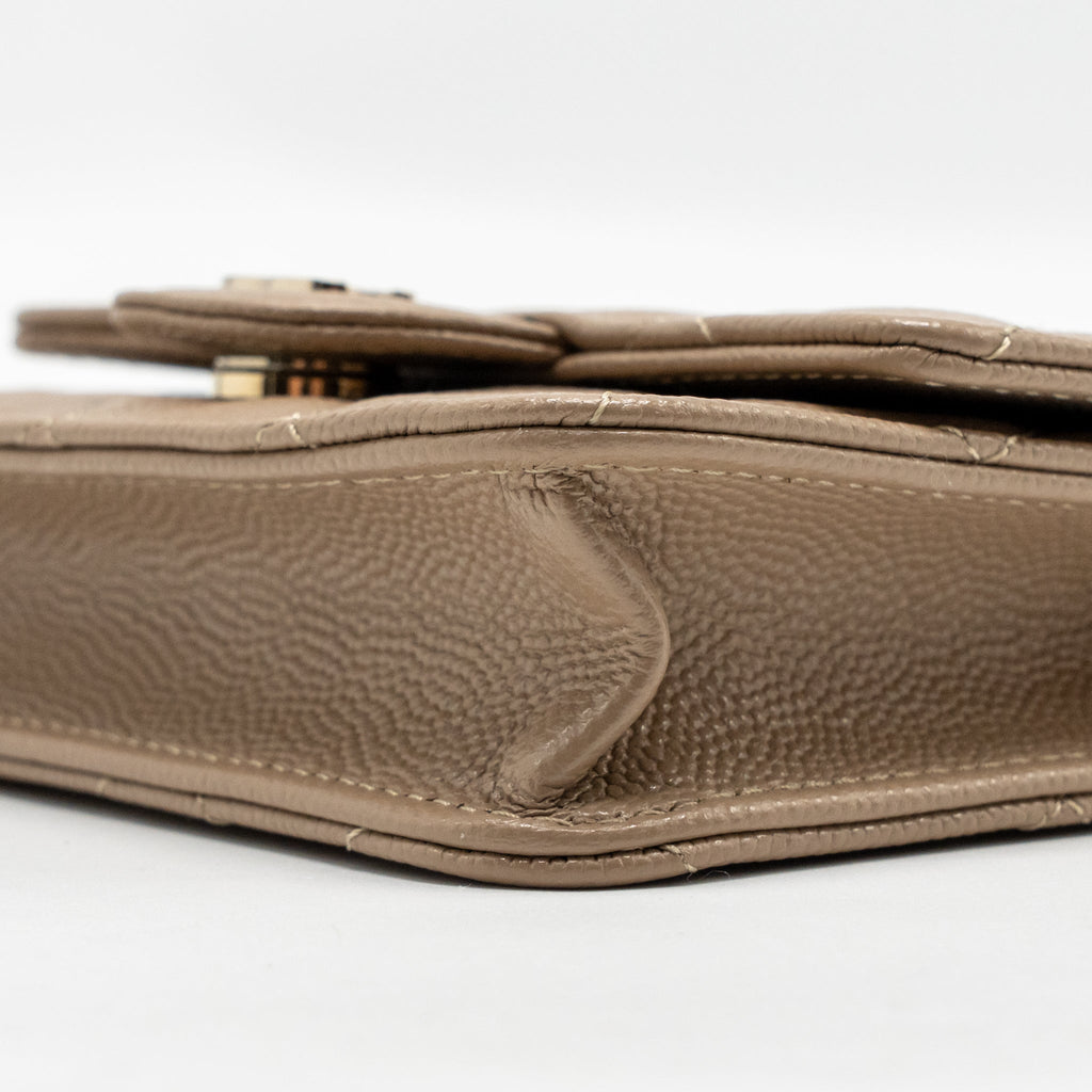 CHANEL MINI FLAP CLUTCH WITH CHAIN CAVIAR DARK BEIGE LGHW (MICROCHIP)