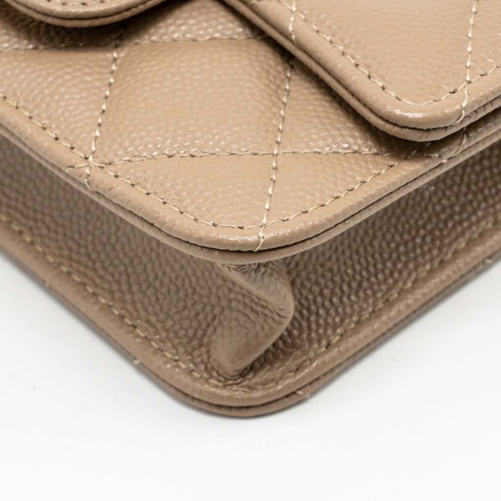 CHANEL MINI FLAP CLUTCH WITH CHAIN CAVIAR DARK BEIGE LGHW (MICROCHIP)