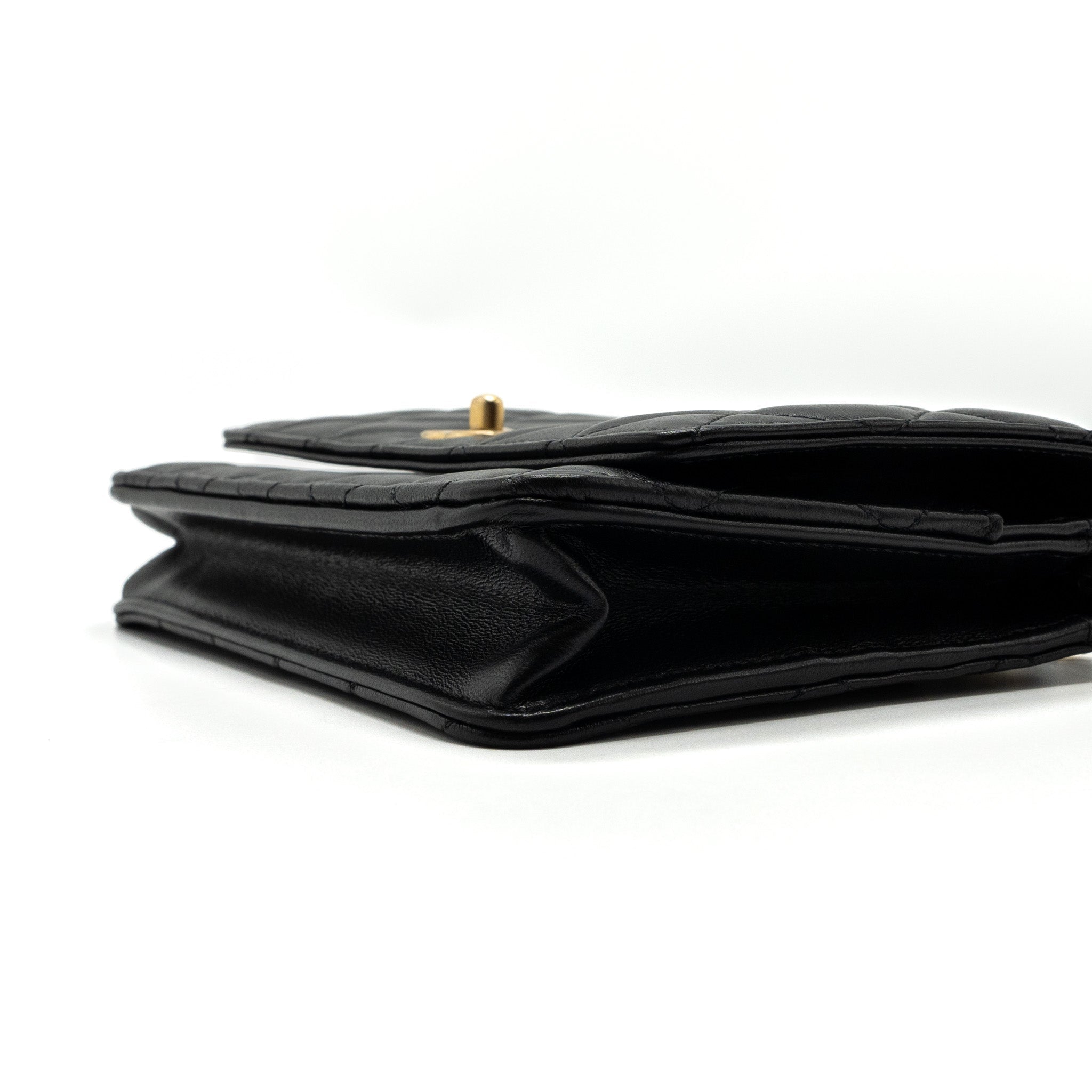 CHANEL PEARL CRUSH WALLET ON CHAIN LAMBSKIN BLACK GHW (MICROCHIP)