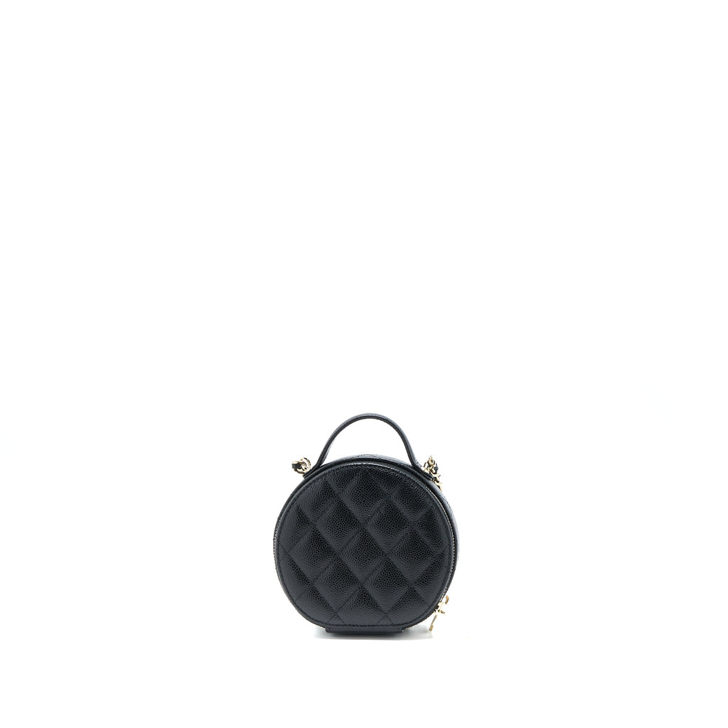 CHANEL MINI TOP HANDLE ROUND VANITY CASE WITH CHAIN CAVIAR BLACK LGHW