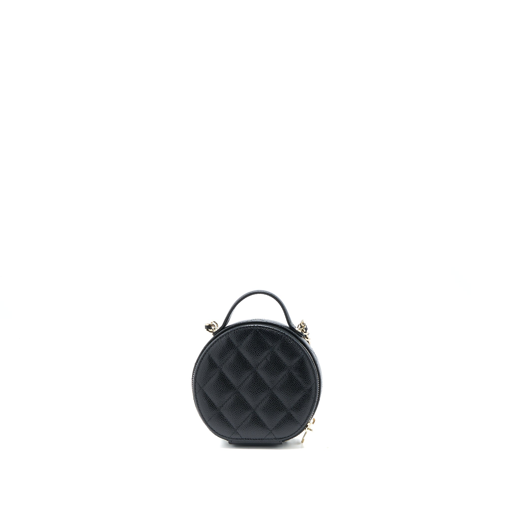 CHANEL MINI TOP HANDLE ROUND VANITY CASE WITH CHAIN CAVIAR BLACK LGHW