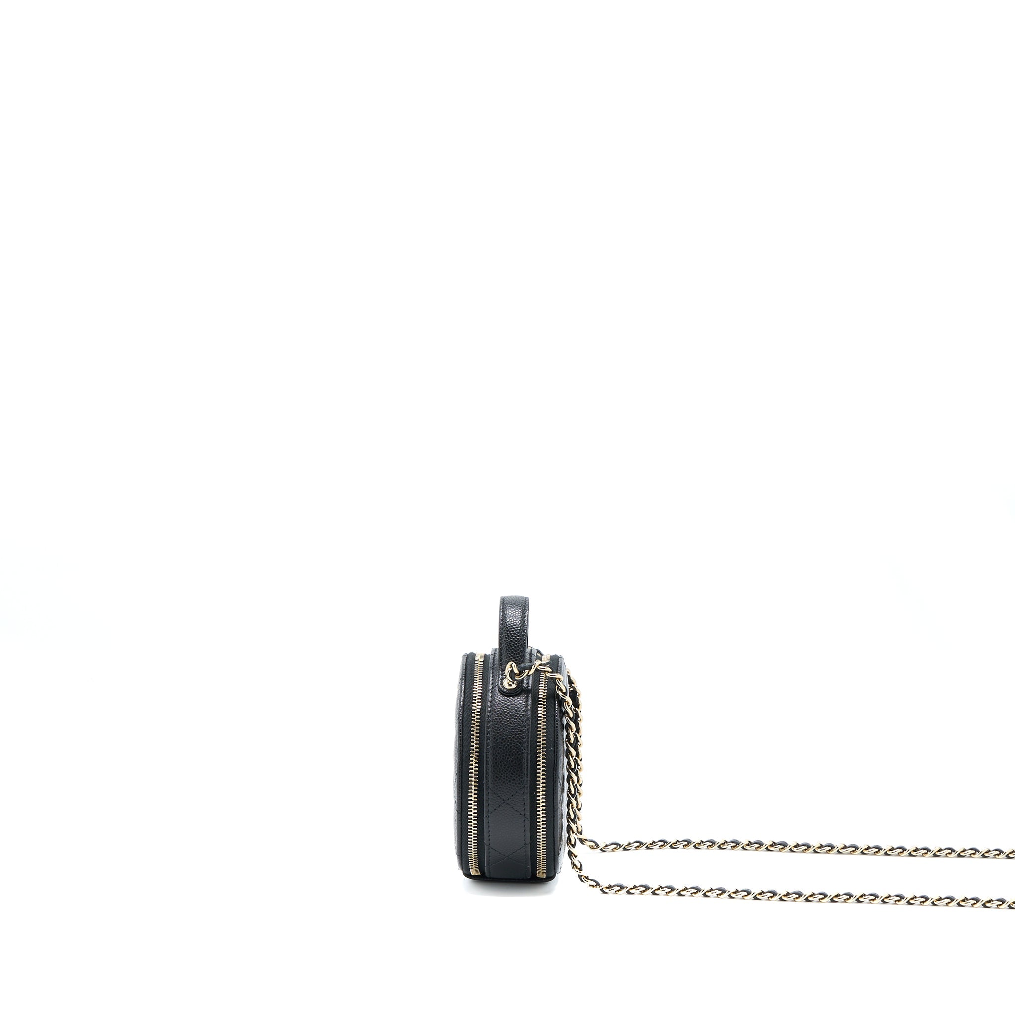 CHANEL MINI TOP HANDLE ROUND VANITY CASE WITH CHAIN CAVIAR BLACK LGHW