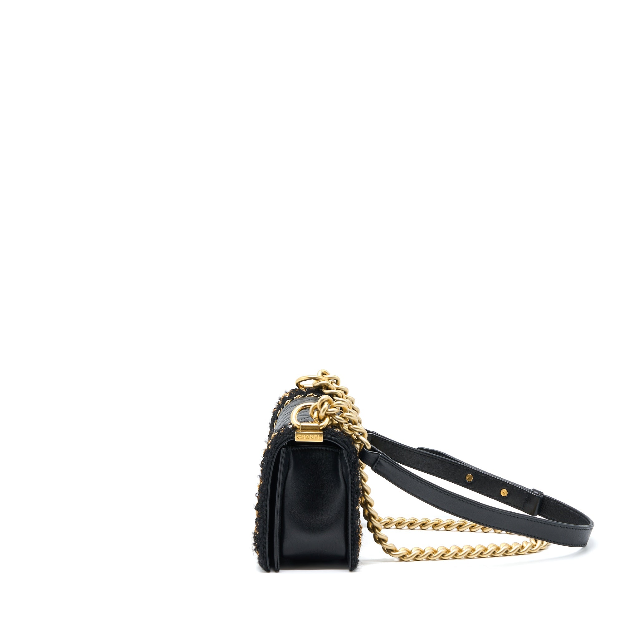 CHANEL SMALL JACKET BOY BAG LAMBSKIN/TWEED BLACK GHW