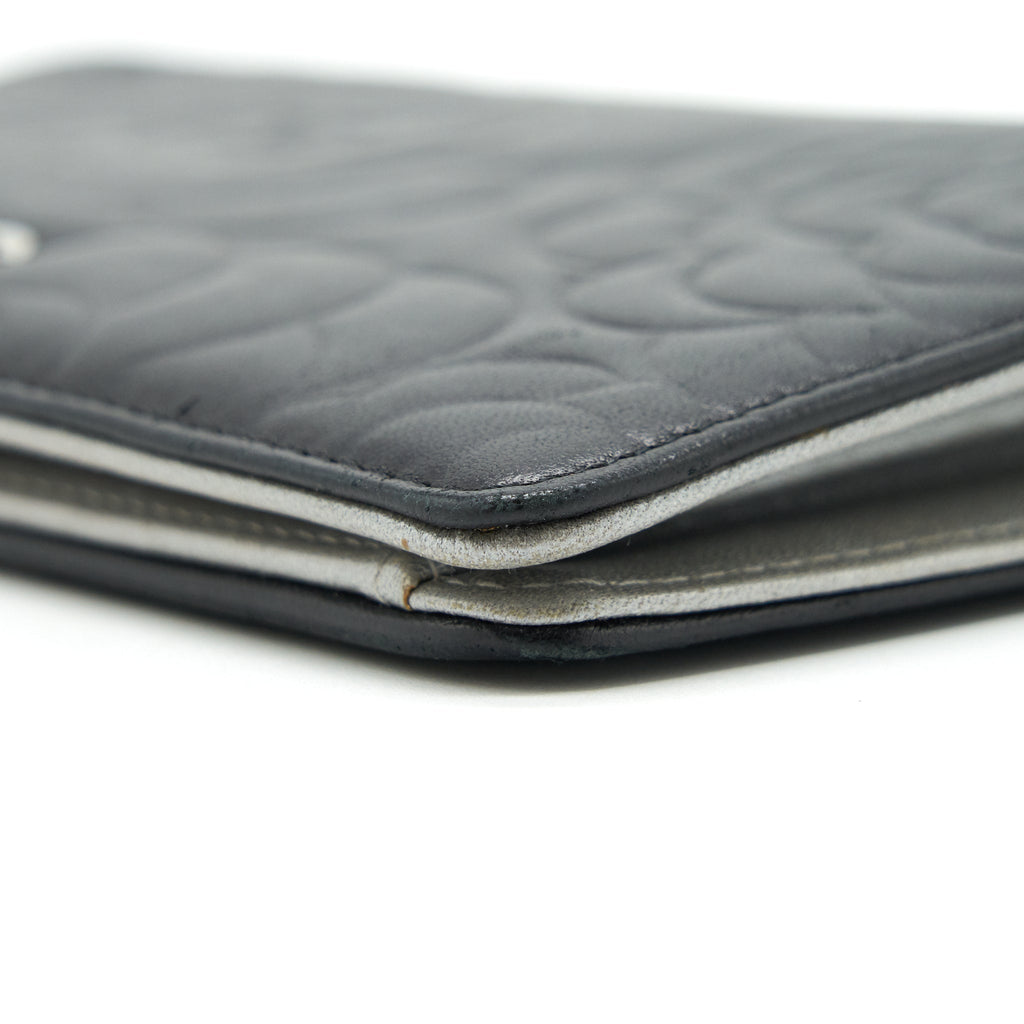 CHANEL CAMELLIA FOLD LONG WALLET LAMBSKIN BLACK / SILVER SHW