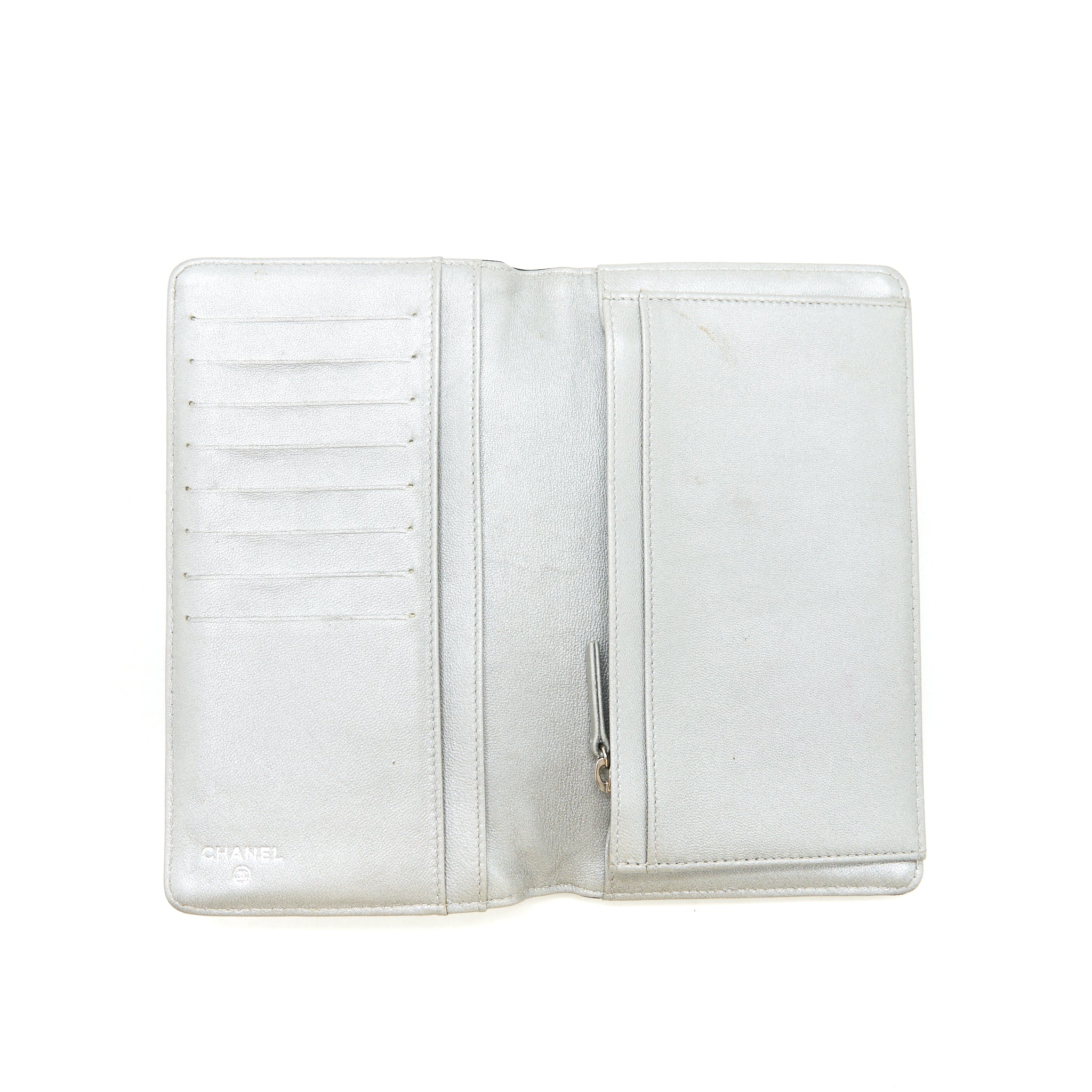 CHANEL CAMELLIA FOLD LONG WALLET LAMBSKIN BLACK / SILVER SHW