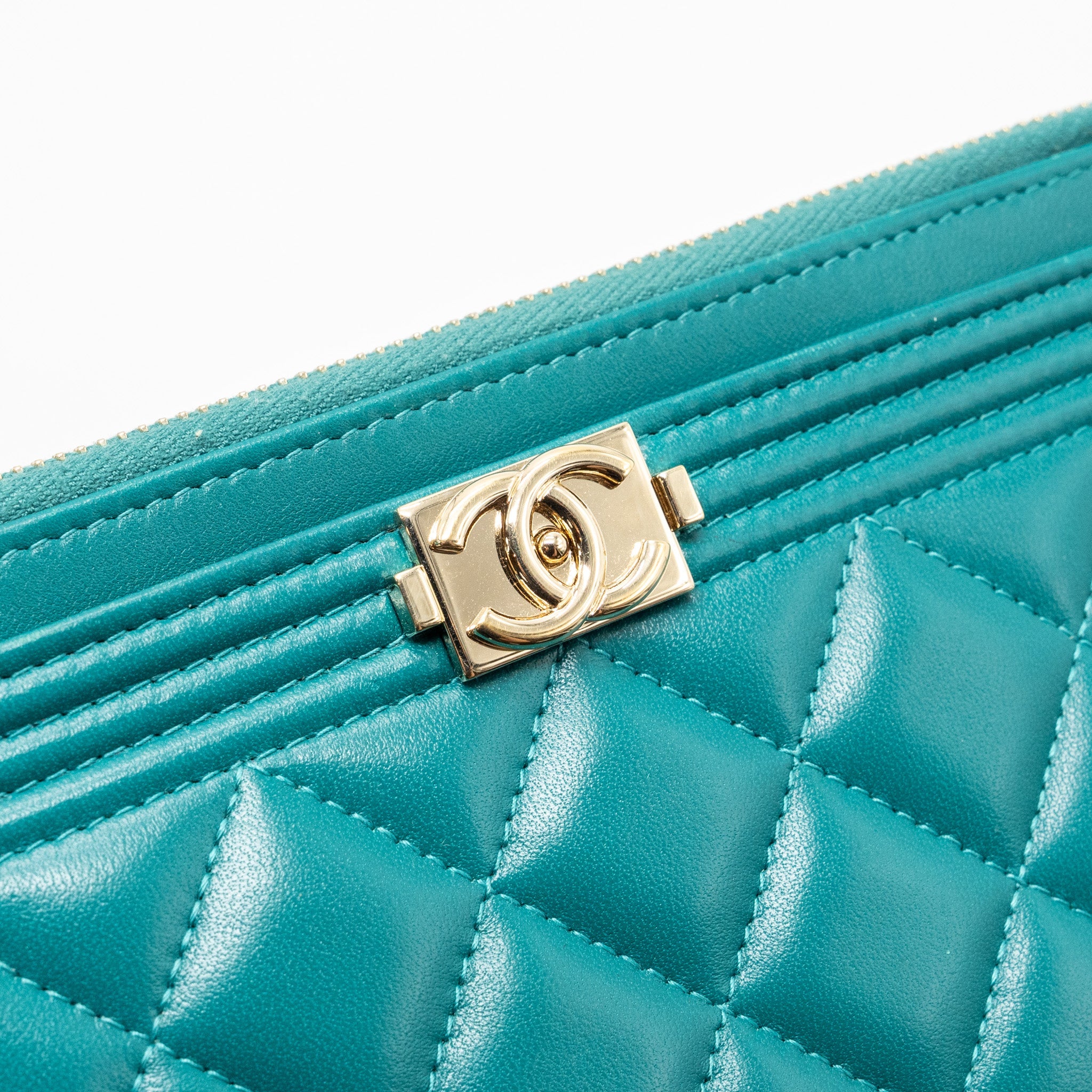 CHANEL BOY ZIP POUCH LAMBSKIN GREEN LGHW