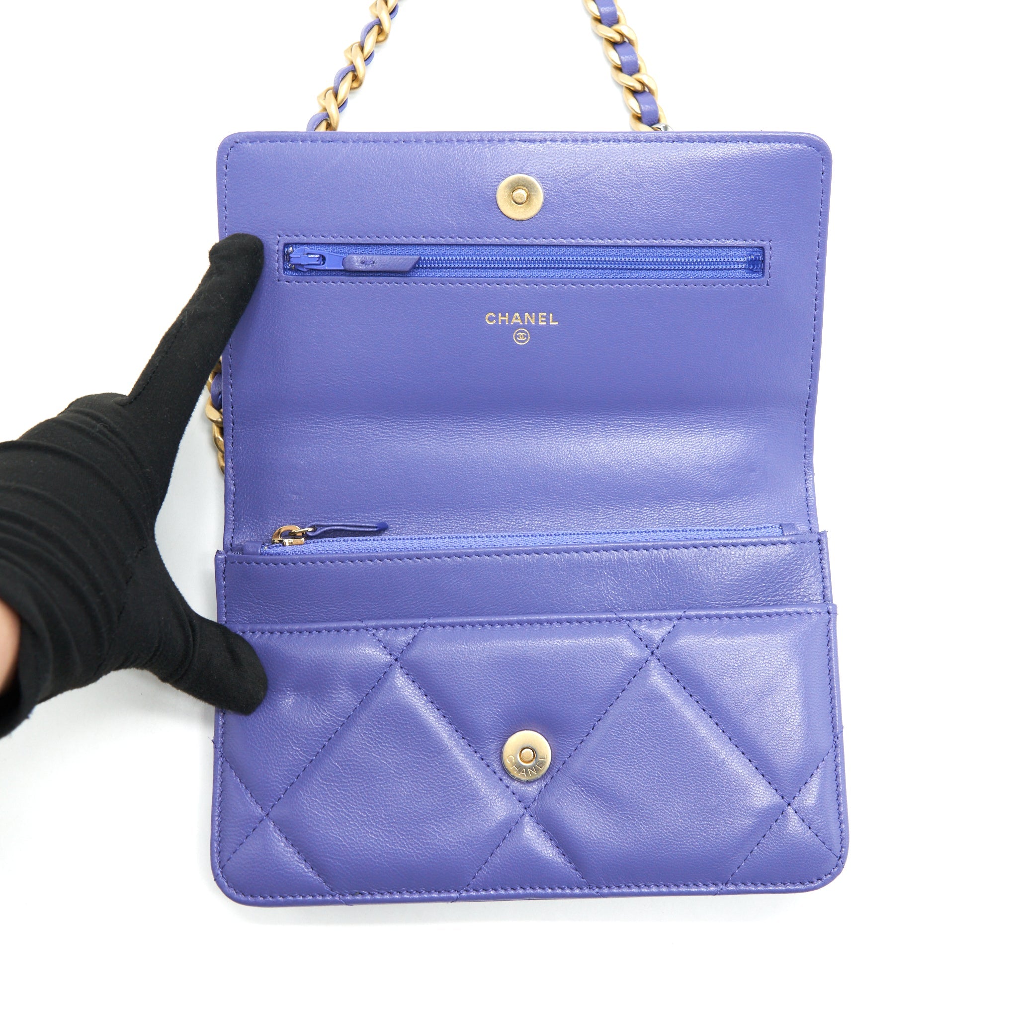 CHANEL 19 WALLET ON CHAIN LAMBSKIN PURPLE WITH GOLD/SILVER HARDWARE